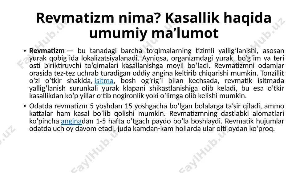 anligi uchun, immunitet javobi ham tizimli bo’lishi kerak. ammo, bunday immunitet javobi natijasida ko’proq yurak va bo’g’imlarga zarar yetadi. revmatizmning surunkali shakli streptokokk infektsiyasi bilan bog’liq emasligini e’tiborga olish kerak. surunkali revmatizmda qonda streptokokklarga qarshi antitanalar aniqlanmaydi. irsiy moyillik. birdan aytib o’tish kerak, revmatizm nasldan-naslga uzatilmaydi. biroq, streptokokk bilan kasallanganda revmatizm rivojlanishiga bo’lgan yuqori moyillik nasl surishi mumkin. kasallikning turlari: revmatizmni tasniflash kechish tabiati bo’yicha revmatizm o’tkir va surunkali shaklda bo’ladi: o’tkir revmatizm. revmatizmning bu shakli 20 yoshgacha bo’lgan odamlarda uchraydi. revmatizm o’tkir shaklining qo’zg’atuvchi agenti streptokokkdir. revmatizm boshdan kechirilgan yuqori nafas yo’llari infektsiyasi bilan birlashsa, alomatlarning kechikishi (odatda 14-21 kunlarda) qayd qilinadi. o’tkir revmatizmning o’ziga xos xususiyati uning rivojlanish tezligidir. dastlab, bemorlarni shamollash va grippdagi kabi umumiy intoksikatsiya alomatlari bezovta qiladi. aynan shu alomatlarning o’xshashligi bu kasallikni darhol aniqlashga imkon bermaydi. bir muncha vaqt o’tgach kardit, poliartrit, teri ustida toshmalar, ba’zan teri tugunlari kabi o’ziga xos alomatlar sezila boshlaydi. …