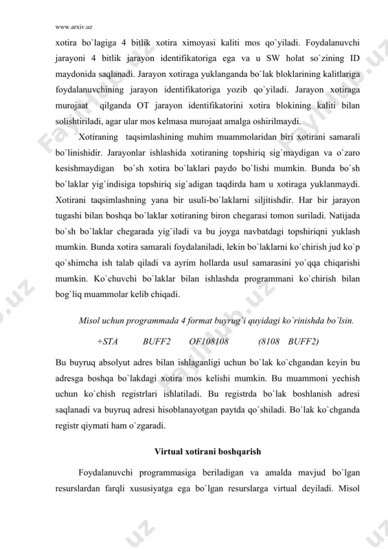 `lumotlarnig bir qismi operativ xotiraga ko`chiriladi. tashqi xotira, uning real xotiraga akslanishi haqida programma (foydalanuvchi) hech nima bilmaydi. programma shunday yozilganki, uning uchun virtual xotira amalda mavjud xotira deb hisoblanadi. ushbu ma`ruzadan virtual xotirani amalga oshirishning umumiy usullaridan biri –sahifalarni so`rov bo`yicha joylashtirish usulini ko`ramiz. sahifalarni so`rov bo`yicha joylashtirish tizimlarida jarayon virtual xotirasi qandaydir fiksirlangan uzunlikdagi sahifalarga bo`linadi. real xotira ham xuddi shunday uzunlikdagi sahifa kadrlarga bo`linadi. potensial ravishda ixtiyoriy jarayonning ixtiyoriy sahifasi real xotira kadriga yuklanishi mumkin. sahifalarni kadrlarga akslanishi sahifalarning akslanish jadvali (saj) yordamida amalga oshiriladi: tizim har bir jarayon uchun bitta saj ajratadi. qurilmalar bu jadvaldan virtual adreslarni real xotira adreslariga almashtirishda foydalanadi. almashtirish jarayoni real xotirani boshqarishdagi siljish registrini ishlatishga o`xshashdir. virtual adreslarni real adreslarga bunday akslantirishni adreslarni dinamik o`zgartirish deyiladi. misol uchun, programma uzunligi 1000 (16 sanoq tizimida) baytli sahifalarga bo`lingan bo`lsin. programmaning 0-sahifasiga 0000 dan 0fff gacha virtual adreslar tegishli, 1-sahifaga 1000 dan 1fff …