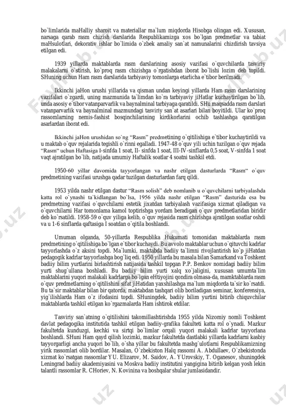 qarashlarini shakllantirish, bilim va ijodiy qobiliyatlarini o`stirish ko`p jihatdan tarbiyaning yo`nalishga bog`liq bo`ladi. o`qituvchi yoki tarbiyachining ta`sir kuchini tan olmagan, bolalarni o`qituvchidan ajratib qo`ygan “erkin ijod” nazariyasi yoshlarning badiiy tarbiyasiga ta`sir ko`rsatdi. bu nazariya o`zbekistonda nashr etilgan dasturlarda va umumiy ta`lim va tarbiyaviy ishlarda o`z aksini topdi. xususan, o`zbekiston maktablari uchun 1935 yilda nashr etilgan “rasm va loy ishi” nomli dasturda “erkin rasm chizish” bo`limi mavjud bo`lib, bu bo`limga i sinfda 8 soat, ii sinfda 6 soat, iii sinfda 4 soat, iv sinfda 2 soat vaqt ajratilgan edi. sobiq ittifoq hukumatining 5-sentyabr 1931 y. “o nachalnoy i sredney shkole”, 25 avgust 1932 y., “ob uchebno`x programmax i rejime v nachalnoy i sredney shkole” nomli qarorlarida maktablar ishini yanada takomillashtirish tadbirlari ishlab chiqilgan bo`lib, ularda ta`lim–tarbiya jarayonida mahalliy materallardan foydalanish ta`kidlab o`tilgan edi. shu hukumatning 12 fevral 1933 y. “ob uchebnikax dlya nachalnoy i sredney shkolo`” nomli qarorida “har bir o`lka …