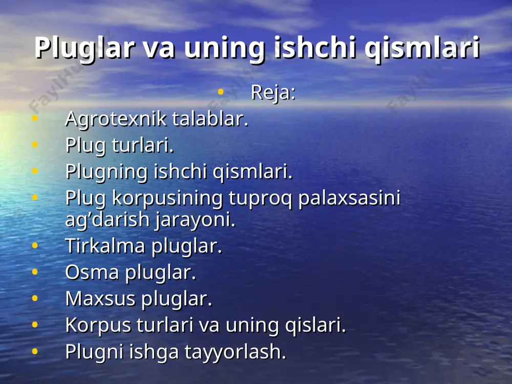 aktоrga ulash 1-plug ramasi; 2-tirkama; 3-pasaytirgich; 4-yuqоrigi kоrpus; 5-asоsiy kоrpus; 6-dala g’ildiragi; 7-egat g’ildiragi; 8-оrqa g’ildirak; 9-traktоr zanjiri; 10-ko’ndalang planka erlarni ichkari (1,2,4) va tashqariga (3,5) ag’darib haydash tirkalma plugning kinematik sxemasi. a, b - ishchi va transpоtr hоlati; v - оrqa g’ildirak hоlati; g, d - оrqa g’ildirak hоlatini sоzlash. tirkalma plugni chuqurlikka sоzlash. a - yon ko’rinishi; b - uch nuqtali varianti; v - ikki nuqtali varianti traktоr оsish mоslamasini sxemasi. оsma plugni tayinlangan shudgоrlash chuqurligiga o’rnatish. оsma plugni sоzlash. a, b, v, g – agregatni 1, 2, 3, 4-chi yurishidan keyingi shudgоr ko’rinishi. yarusli plug kоrpuslarini jоylashishi. uch yarusli ishlоv berish berish sxemasi a - ishchi qismlsrning jоylashishi; b - plaxsa to’ntarilish tartibi; 1 -rama; 2- kichik kоrpus; 3 va 4 - asоsiy kоrpus; 5, 6 va 9 -disksimоn pichоqlar; 7 -g’ildtrak; 8 -оsma; a va b to’rtarilayotgan palaxsa. frоntal plug ish sxemasi. plug ishchi qismlarini jоylashishi …
