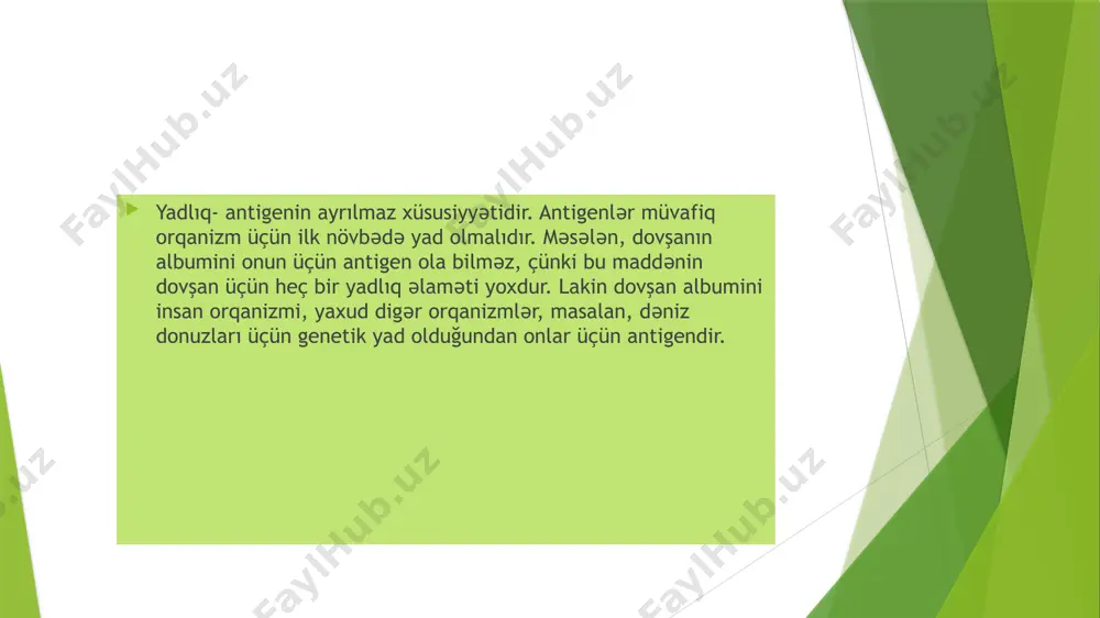 ə fərqli cavab verirlər. antigenə qarşı daha yüksək immun cavab təmin etmək üçünadyuvantlar adlandırılan maddələrdən istifadə olunur. onlar kimyovi cəhətdən immunogen deyil, bununla belə, immunokompetent hüceyrələrə qeyri-spesifik təsir edərək onların fəaliyyətini stimullaşdırır, antigenin fiziki-kimyəvi xassələrindən, onun yeridilma şəraitindən, makroorqanizmin reaktivliyi və reaksiyasının xarakterindən asılı olaraq immunogenlər, tolerogenlər və allergenlər ayırd edilir.i̇mmunogenlər orqanizmə daxil olduqda immunitet amillərinin (anticisimlərin, antigenreaktiv limfositlər klonunun) hasilatı ils nəticələnən produktiv immun reaksiyaları induksiya etmək qabiliyyətina malikdirlər. tolerogenlər immunogenin əksinə olaraq orqanizmda tolerantlıq, yaxud areaktivlik törədir. tolerogen molekulu monomerliyə, kiçik molekul kütləsinə, epitopların yüksək sıxlığına malik olaraq yüksək dispersliyi ilə fərqlənir. bunlardan immunoloji konfliktlərin və allergiyanın müalicəsində müəyyən antigenlərə qarşı areaktivlik yaratmaq üçün istifadə edilir.allergenlar öz xassələrinə görə immunogenlərdən fərqlənmir, onlar orqanizmdə ani va ya lang tipli yüksək həssaslıq reaksiyaların formalaşmasına səbəb olur. diqqətinizə görə təşəkkürlər! image1.jpeg image2.jpeg image3.jpeg image4.jpeg /docprops/thumbnail.jpeg