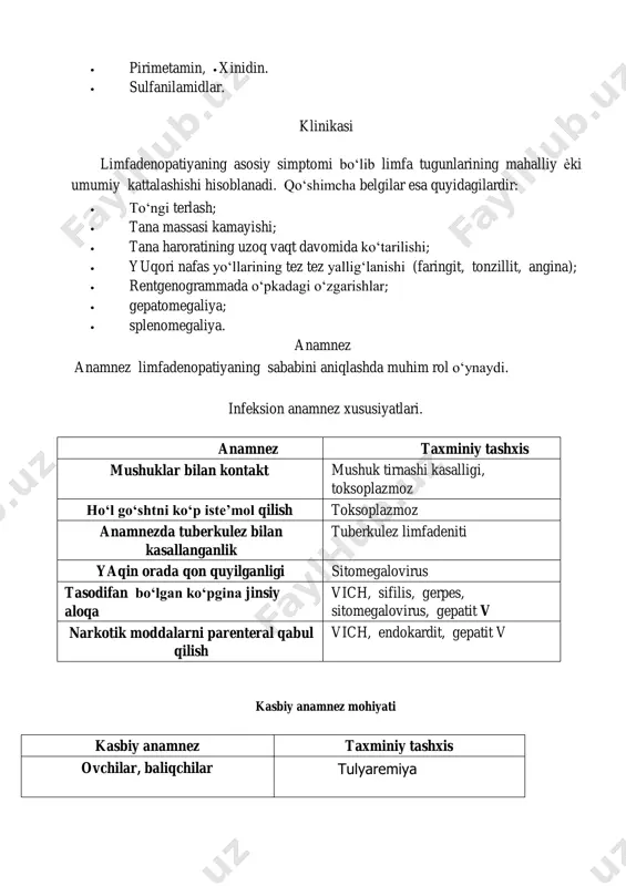 ni aniqlashda muhim rol o‘ynaydi. infeksion anamnez xususiyatlari. anamnez taxminiy tashxis mushuklar bilan kontakt mushuk tirnashi kasalligi, toksoplazmoz ho‘l go‘shtni ko‘p iste’mol qilish toksoplazmoz anamnezda tuberkulez bilan kasallanganlik tuberkulez limfadeniti yaqin orada qon quyilganligi sitomegalovirus tasodifan bo‘lgan ko‘pgina jinsiy aloqa vich, sifilis, gerpes, sitomegalovirus, gepatit v narkotik moddalarni parenteral qabul qilish vich, endokardit, gepatit v kasbiy anamnez mohiyati kasbiy anamnez taxminiy tashxis ovchilar, baliqchilar tulyaremiya ferma ishchilari, molboqarlar erizipeloid migratsion anamnez mohiyati migratsion anamnez taxminiy tashxis arizona, janubiy kaliforniya, nyu-meksiko, g‘arbiy texas, janubiy - g‘arbiy aqsh koksidioidomikoz janubiy –sharqiy va markaziy aqsh, janubiy – sharqiy osiѐ, hindiston, shimoliy avstraliya. bubonli o‘lat, gistoplazmoz markaziy ѐki g‘arbiy afrika afrika tripanosomozi (uyqu kasalligi) markaziy ѐki janubiy amerika amerika tripanosomozi (shagas kasalligi) sharqiy afrika, xitoy, lotin amerikasi kala-azar (leyshmanioz) meksika, peru, chili, indiya, pokiston, egipet, indoneziya tifoid isitma klinik tekshiruvlar. mahalliy limfoadenopatiyaning joylashgan o‘rniga ko‘ra ushbu limfa tugunlariga limfa suyuqligi oqib keladigan sohada yallig‘lanish, …