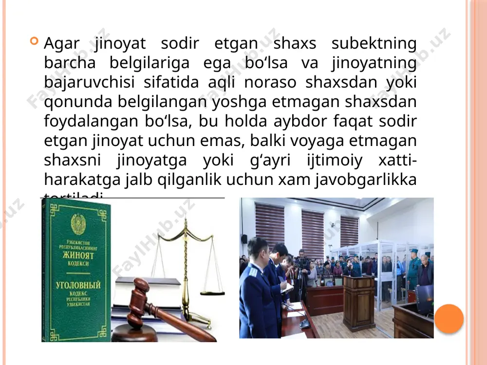 i qisman sodir etgan yoxud ushbu kodeksga muvofiq javobgarlikka tortilishi mumkin boʻlmagan shaxslardan yoki boshqa vositalardan foydalanib, jinoyat sodir etgan shaxs bajaruvchi deb topiladi (jinoyat kodeksi 28- modda, 2-qism). bajaruvchi quyidagi turlarga boʻlinadi: 1) bevosita jinoyatni sodir etgan, yani obektiv tomonini bajargan shaxs. 2) boshqa shaxslar bilan birgalikda jinoyatni sodir etishda ishtirok etgan shaxs (birgalikda bajaruvchi) 3) kodeksga muvofik javobgarlikka tortilishi mumkin boʻlmagan shaxslardan yoki boshqa vositalardan foydalanib, jinoyat sodir etgan shaxs. dastlabki ikkita holatda jinoyat ishtirokchisi hisoblangan bajaruvchi koʻrsatib oʻtilgan. uchinchi holat esa jinoyatda ishtirokchilikni ifodalamaydi, balki jinoyat vositasi orqali individual tartibda sodir etish hisoblanadi. jinoyat bajaruvchisi aqli raso va qonunda belgilangan yoshga toʻlgan boʻlishi kerak. ayrim xolda shaxsning oʻzi jinoyatni bevosita sodir kilmasdan jinoyatning subekti boʻla olmaydigan shaxsdan foydalanadi (masalan, oʻgʻrilik jinoyatini sodir qilishda shaxs 14 yoshga toʻlmagan yoki aqli noraso shaxsdan foydalanadi). bunda jinoyatchi xam subekt yoshiga etmaganning qilmishi uchun xamda voyaga etmaganni jinoyatga jalb qilganligi uchun …