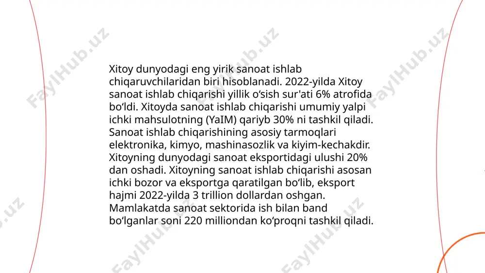 ft va ko'mir iste'molida yetakchi o'rinda turadi. 2022 yilda xitoyning yillik energiya iste'moli taxminan 3,650 million tonna neft ekvivalenti sifatida baholangan. elektr iste'molida ham katta o'sish kuzatildi, o'z navbatida, elektr energiyasining asosiy qismi ko'mir yoqilg'isi hisobidan ishlab chiqariladi. shu bilan birga, xitoyning qayta tiklanuvchi energiya manbalariga bo'lgan e'tibori ortib bormoqda, xususan, 2020 yilda mamlakatda 895 gw elektr quvvat qayta tiklanuvchi energiya manbalaridan olingan. ... t.me/slaydai_bot 10. xitoyda yashash minimumi xitoyda yashash minimumi yashash joyidan va sharoitlaridan kelib chiqib farqlanadi. 2023-yilda, xitoyda o'rtacha yashash minimumi yillik daromad sifatida taxminan 28,000-50,000 yuan orasida o'zgaradi. poytaxt pekinda bu ko'rsatkich yuqoriroq bo'lib, yiliga taxminan 50,000 yuan tashkil etadi. boshqa shaharlarda, masalan, shanxay yoki shenchjen kabi yirik markazlarda esa bu raqamlar bir oz pastroq bo'lishi mumkin. kichik shaharlarda yoki qishloqlarda yashash minimumi sezilarli darajada pasayadi, yiliga taxminan 20,000-30,000 yuan bo'lishi mumkin. ushbu raqamlar ozuqa, uy-joy, transport va boshqa asosiy ehtiyojlar xarajatlarini qamrab oladi. ... t.me/slaydai_bot …