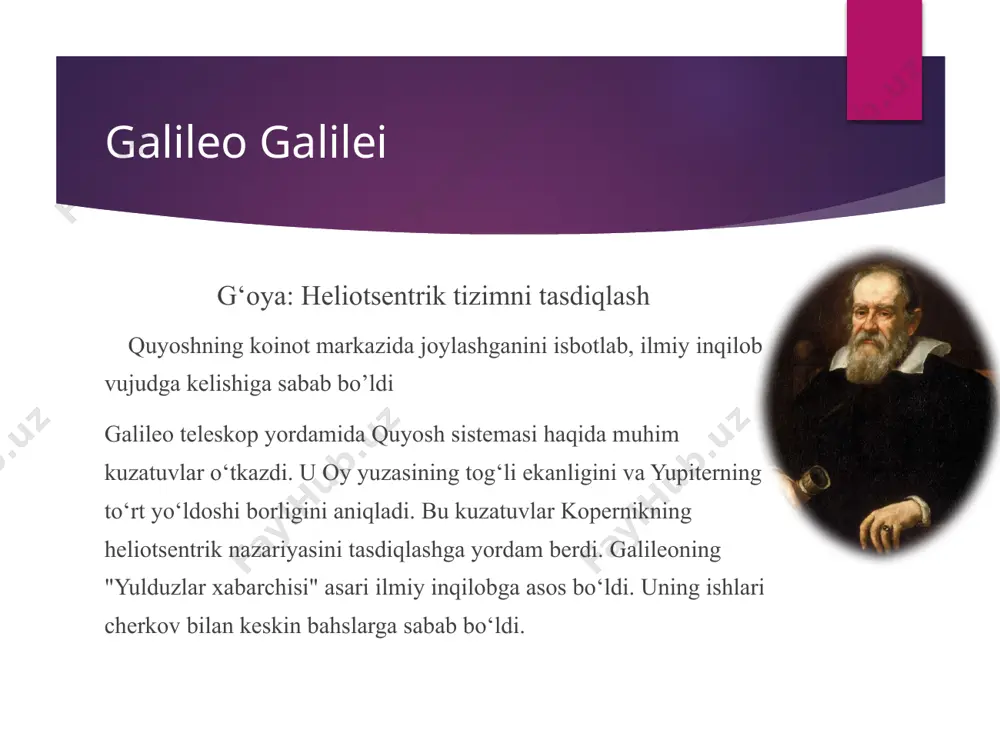 orqali havoda uchish imkoniyatini ko'rsatdi leonardo da vinchi "vorteks" deb ataladigan bir qurilma chizgan, bu zamonaviy helikopterlarning dastlabki prototiplaridan biri sifatida qabul qilinadi. u spiral shaklidagi qanotlar yordamida havoga ko'tarilish g'oyasini ilgari surdi. charles darwin g‘oya: evolyutsiya nazariyasi charlz darvinning evolyutsiya nazariyasi, asosan, "tabiiy tanlov" tamoyiliga asoslanadi. u 1859-yilda "turlarning kelib chiqishi" (on the origin of species) asarida o'z g'oyalarini bayon etgan. ushbu nazariyaning asosiy jihatlari quyidagilardan iborat: 1. turlarning o'zgaruvchanligi: organizm turlari vaqt o'tishi bilan o'zgaradi. ushbu o'zgarishlar genetik xususiyatlar orqali avlodlarga o'tadi. 2. tabiiy tanlov: tabiat sharoitlariga eng mos keladigan xususiyatlarga ega bo'lgan organizmlar omon qoladi va ko'payadi. bu jarayon, kuchli va sog'lom xususiyatlarga ega bo'lgan organizmlarning ko'payishiga olib keladi. ibn sino (avicenna) ibn sino (avitsenna) — o'rta asrlar islom olamining buyuk faylasufi va tabibi. uning eng mashhur asarlaridan biri "tibbiyot qomusi" (kitab al-shifa) bo'lib, u tibbiyot nazariyasi va amaliyoti bo'yicha muhim manba hisoblanadi. ushbu asar, anatomiya, fiziologiya, …