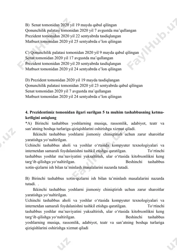 rning musiqa, rassomlik, adabiyot, teatr va san’atning boshqa turlariga qiziqishlarini oshirishga xizmat qiladi. ikkinchi tashabbus yoshlarni jismoniy chiniqtirish uchun zarur sharoitlar yaratishga yo‘naltirilgan. uchinchi tashabbus aholi va yoshlar o‘rtasida kompyuter texnologiyalari va internetdan samarali foydalanishni tashkil etishga qaratilgan. to‘rtinchi tashabbus yoshlar ma’naviyatini yuksaltirish, ular o‘rtasida kitobxonlikni keng targ‘ib qilishga yo‘naltirilgan. beshinchi tashabbus xotin-qizlarni ish bilan ta’minlash masalalarini nazarda tutadi. b) birinchi tashabbus xotin-qizlarni ish bilan ta’minlash masalalarini nazarda tutadi. . ikkinchi tashabbus yoshlarni jismoniy chiniqtirish uchun zarur sharoitlar yaratishga yo‘naltirilgan. uchinchi tashabbus aholi va yoshlar o‘rtasida kompyuter texnologiyalari va internetdan samarali foydalanishni tashkil etishga qaratilgan. to‘rtinchi tashabbus yoshlar ma’naviyatini yuksaltirish, ular o‘rtasida kitobxonlikni keng targ‘ib qilishga yo‘naltirilgan. beshinchi tashabbus yoshlarning musiqa, rassomlik, adabiyot, teatr va san’atning boshqa turlariga qiziqishlarini oshirishga xizmat qiladi c) birinchi tashabbus yoshlarning musiqa, rassomlik, adabiyot, teatr va san’atning boshqa turlariga qiziqishlarini oshirishga xizmat qiladi. ikkinchi tashabbus yoshlar ma’naviyatini yuksaltirish, ular o‘rtasida kitobxonlikni keng targ‘ib qilishga yo‘naltirilgan …