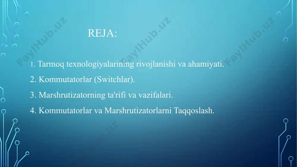 qurilmalaridan biridir. ular kompyuterlar va boshqa qurilmalarni bir tarmoqqa birlashtiradi. kommutator va marshrutizator o‘rtasidagi farqlar texnik jarayonlar: marshrutizatorlar zamonaviy kommutatorlar va marshrutizatorlar kommutator va marshrutizator tanlashda tavsiyalar kommutatorlar va marshrutizatorlarni taqqoslash. kommutatorlar va marshrutizatorlar xulosa kommutatorlar (switch) va marshrutizatorlar (router) – zamonaviy kompyuter tarmoqlarining ajralmas qismlaridir. kommutatorlar orqali tarmoq (lan) qurilmalarni bir-biriga ulab, ma'lumotlarni to'g'ri manzilga yetkazib berishni ta' mumkin. marshrutizlar esa turli tarmoqlarni o'zaro bog'laydi va ma'lumotlarni optimal marshrut bo'yicha yo'qotadi. ularning har biri o'z funktsiyalariga ega bo'lib, tarmoq ulanishi va uzluksiz xavfsizligida muhim rol o'ynaydi. kommutatorlar tezkor va ishonchli ichki aloqa uchun, marshrutizatorlar esa global yoki tarmoqlararo aloqa uchun zarurdir. ularni to'g'ri sozlash va sozlash orqali tarmoqning unumligini yaxshilash mumkin. image1.png image3.gif image4.png image5.png image6.png image7.png image8.png image9.png image10.png image11.png image12.png image13.png image14.png image15.png image16.png image17.png image18.png image19.png image20.png image21.png image22.png image23.png image24.png /docprops/thumbnail.jpeg
