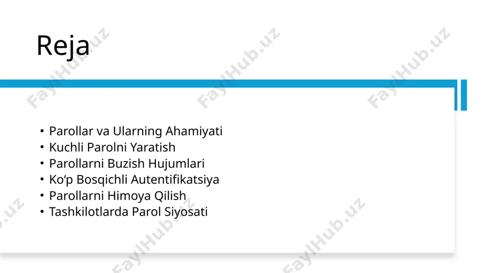 motlar yordamida hisoblarni himoya qiladi. bu tizim parol o‘g‘irlanishiga qarshi qo‘shimcha himoya darajasini ta’minlaydi. parolni shifrlash (password encryption) parollarni shifrlash — bu foydalanuvchi ma’lumotlarini shifrlab, ularning xavfsizligini ta’minlashning eng samarali usullaridan biri. zamonaviy parollar odatda hashing usuli yordamida saqlanadi. parollarni shifrlash texnologiyalari:md5 sha-256 bcrypt parolga hujum usullari (password attack methods) kiberjinoyatchilar parollarni buzish uchun turli usullardan foydalanadilar. eng keng tarqalgan usullar: brute force hujumi phishing (firibgarlik) dictionary attack (lug‘at hujumi) credential stuffing (bir xil parollardan foydalanish) parolni himoya qilish usullari parollarni himoya qilishning samarali usullari: kuchli parollarni yaratish har bir hisob uchun alohida parollar ishlatish ko‘p bosqichli autentifikatsiyadan foydalanish parollarni muntazam yangilab turish parol boshqaruv tizimlaridan foydalanish korxonalarda parol siyosati korxonalar o‘z xodimlarining parollarini himoya qilish uchun aniq parol siyosatlarini ishlab chiqishi kerak. bu siyosatlar quyidagi elementlarni o‘z ichiga oladi: minimal parol uzunligi va murakkabligi parolni muntazam ravishda yangilash ko‘p bosqichli autentifikatsiyani majburiy qilish xodimlarni xavfsizlikka oid treninglarda ishtirok etish …