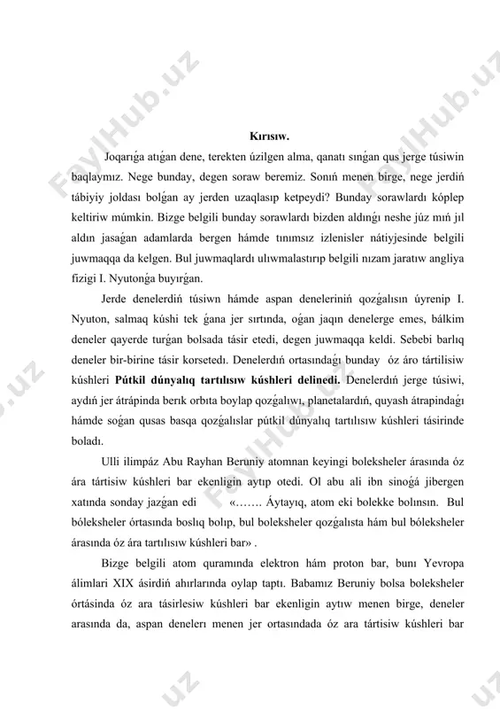 nologiyalar ornı hám áhmiyeti kútá úlken bolıp tabıladı. pedagogikalıq texnologiya hám olardıń tálimde qollanılıwına tiyisli bilimler, tájiriybe studentlerdi bilimli hám jetik ilmiy tájiriybege iyelewlerin támiyinleydi. innovciyalıq texnologiyalar pedagogikalıq process hám de oqıtıwshı hám student iskerligine jańalıq, ózgerisler kirgiziw bolıp onı ámelge asırıwda tiykarınan interaktiv usıllardan paydalanıladı. kurs jumısınıń wazıypası: studentlerdi kún sayın asıp baratırǵan informaciya -tálim ortalıǵı sharayatında ǵárezsiz túrde iskerlik kórsete alıwǵa informaciya aǵımınan aqılǵa say paydalanıwǵa úyretiwden ibarat esaplanadi. onıń ushın olarǵa úzliksiz túrde ózbetinshe islew múmkinshiligi hám sharayatın jaratıp beriw zárúr. kurs jumısınıń ámeliy áhmiyeti: pútkil dunyalıq tartısıw nızamın oqıtıwda, zerikarli sabaqlar ornına sabaqlardı shólkemlestiriwge juwapkershilik menen yondashadigan, kásiplik bilgir, metodikalıq uqıpǵa iye, juwapkerli, zamanagóy, interaktiv pedagogikalıq texnologiyanı jetilisken ózlestirip alǵan, innovatsiyalar tiykarında tálimdi payda ete alatuǵın oqıtıwshılarǵa talap asıp barıp atır. tálimde materiallıq baza, standart, oqıw jobalar, programma hám sabaqlıqlar qanshellilik rawajlanıwdırılmasın, kutilgen tiykarǵı nátiyjege erisiw, tereń hám puqta bilim beriw, joqarı sapa daǵı ózlestiriwge erisiw …