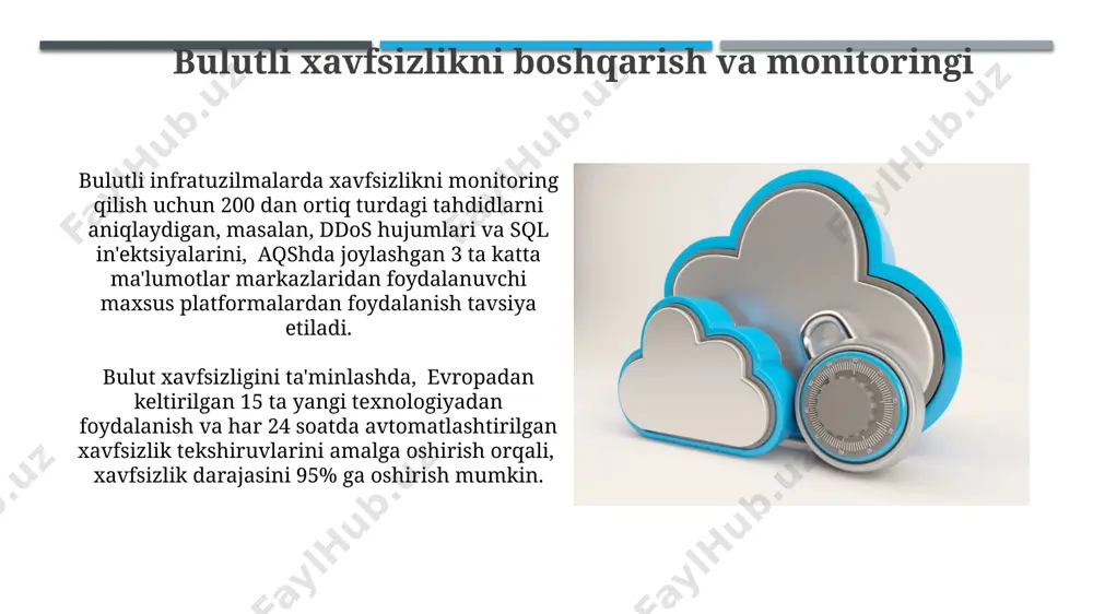 truzionlarni oldini olish tizimlari (ips) yordamida 3 qatlamli himoya orqali ta’minlanadi, bu esa dunyoning turli burchaklaridan kelayotgan potentsial tahdidlarni bartaraf etishga yordam beradi. bulutli hisoblash xavfsizligi, ma’lumotlarning 256-bit aes shifrlash orqali himoyalanishi va global miqyosdagi tarmoqlar bo'ylab ma’lumotlar uzatilishi paytida kaliforniya kabi joylarda joylashgan ma’lumot markazlarining xavfsizlik devorlari orqali himoyalanishini o'z ichiga oladi. e'tiboringiz uchun rahmat @taqdimot_robot image1.jpg image2.jpg image3.jpg image4.jpg image5.jpg image6.jpg image7.jpg image8.jpg image9.jpg
