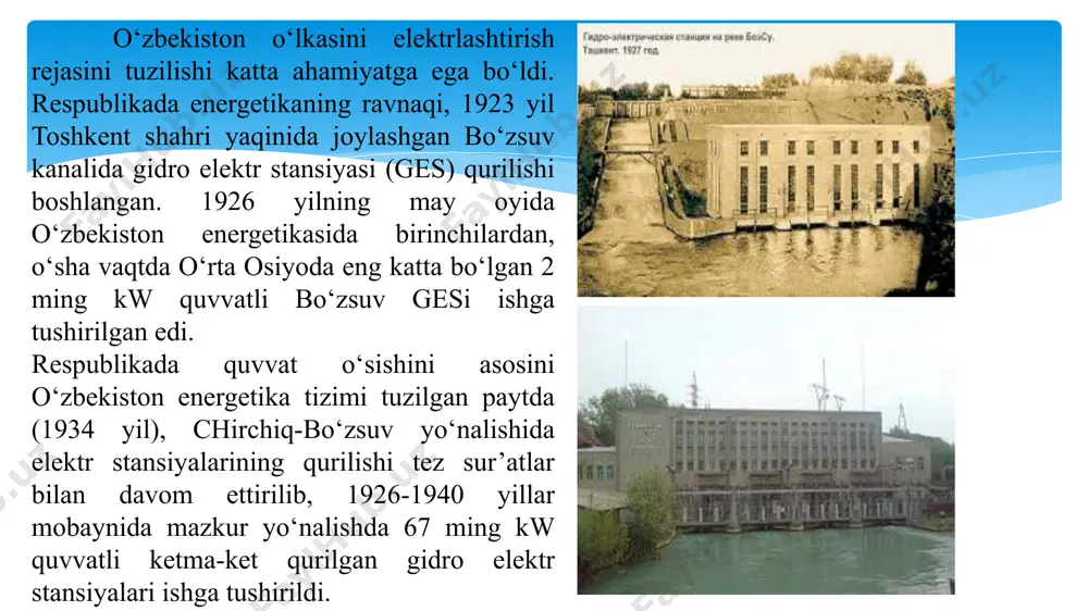 ектр станцияси қурилиши. ишга тушиш санаси: 2021 йил декабрь. 3. навоий вилояти томди туманида қуввати 500 мвт бўлган шамол электр станциясини қуриш. ишга тушиш санаси: 2024 йил 3-чорак. 4. бухоро вилоятида умумий қуввати 1000 мвт бўлган 2 та шамол электр станцияси қурилиши. ишга тушиш санаси: 2023 йил 4-чорак. 5. навоий вилояти нурота туманида қуввати 200 мвт бўлган қуёш фотоэлектр станцияси қурилиши. ишга тушиш санаси: 2023 йил 2-чорак. 6. сурхондарё вилоятида қуввати 457 мвт бўлган қуёш фотоэлектр станцияси қурилиши. ишга тушиш санаси: 2023 йил 2-чорак. 7. самарқанд ва жиззах вилоятларида ҳар бирининг қуввати 220 мвтдан бўлган 2 та қуёш фотоэлектр станциялари қурилиши. ишга тушиш санаси: 2022 йил 4-чорак. жами қувват: 2 797 мвт. p.s: маълумотлар энергетика вазирлиги томонидан эълон қилинган хабарлар асосида тайёрланди. elektr energiyasini hosil qiluvchi korxonalardan umumiy uzunligi 8,8 mingdan ortiq bo‘lgan 220-500 kv quvvatli magistral elektr tarmoqlari orqali hududiy elektr tarmoqlari korxonalariga elektr energiyasini yetkazib berish ishlari “o’zelektrtarmoq” …