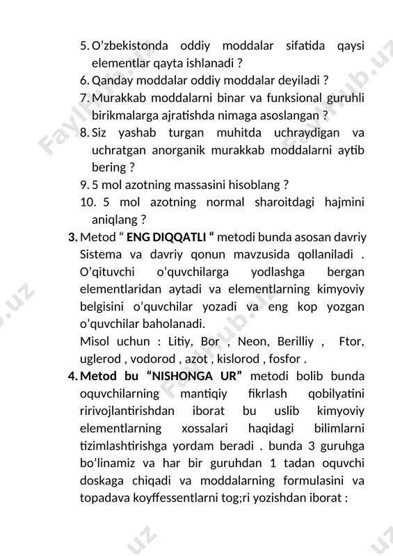 a turlari” haqidagi bilimlarni chuqurroq egallashga yordam beradi . reaksiya jara yonidagi a va b moddalarni topishdan iborat : mg+b =2mgo s+a= so2 mgo+ b= mg(oh)2 so2 + b =h2so4 6. “kimyoviy lotto” o’quvchilarning anorganik birikmalar orasidagi genitik bog’lanish mavzusiga oid bilimlarini umumlashtirish . har bir o’yin ishtirokchisiga 20-30 fishka (qattiq qog’ozdan ) tsarqatmada yozilgan formulani ustiga yozish uchun lotto kerak bo’ladi . lottoning o’lchami 16*9 sm , oq qalin qogozdan tayorlangan bolishi kerak . tarqatmada ketma ketlikda 9 vertikal ustunga 2 ta kimyoviy element yoki 2 ta moddaning formulasi yoziladi . har ustunda chapdan o’ngga moddaning formulasi bir xil bo’lishi bo’lishi kerak . masalan : metal-elementlar , metallmas-elementlari , asosli oksidlar, kislotali oksidlar…….. oyin ishtirokchilariga tarqatmalardan bir nechtasi beriladi . boshlovchi qopdan tarqatma olib kimyoviy belgisini o’qiydi . oyin ishtirokchisi modda qaysi sinfga tegishligini aniqlaydi va o’sha modda ustiga fishka qo’yadi . kim birinchi bo’lib tarqatmadagi moddalar ustiga fishka …