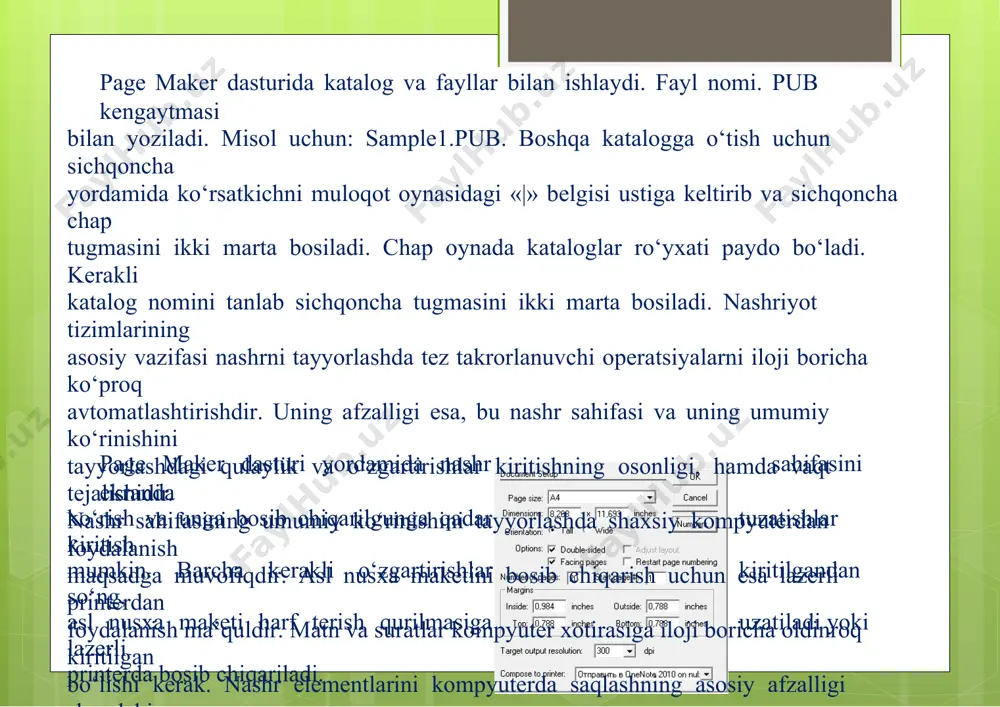 (kitobli). -agar nashriyotingiz qog’ozga bir tomonlama chiqariladigan bo’lsa, options (variantlar) double-sided (ikki tomonlama)galochkani olibtashlaymiz, aksincha ikki tomonlama bo’lsa galochka qo’yamiz. -ikki tomonlama nashriyotimizga facingpages (ugirish) ga galochka qo’yamiz. -restart page numbering(betni yangidan nomerlash)galochka kitobning ba’zi qismlarini chiqarishda ishlatiladi, yani hujjat beti 1 dan boshqa son bilan boshlansa. restart page numbering (yangi bet nomeri) galochka qo’ymaymiz. -betlar soni (number of pages)-20.nashriyotimiz 20 betdan iborat ekanligini ko’rsatadi. -start page (birinchi bet nomei)-nashriyotimiz birinchi beti nomeri qo’yiladi. odatda 1 qo’yiladi. -margins (hoshiya)bo’limida tayyorlanadigan nashriyotning pastki, ustki, ichki, tashqi qismidan tashlanadigan hoshiya o’lchamlari ko’rsatiladi. -target output resolution(nuqtalar o’lchami) printeringiz nuqtalar o’lchami qo’yiladi. -compose to printer-kompyuteringizga o’rnatilgan printer nomi qo’yiladi. kerakli o’lchamlarni kiritib bo’lganimizdan so’ng ok tugmasiga kursorni olib boramiz va bosamiz, biz kiritgan o’lchamlar bo’yicha yangi nashriyot oynasi ochiladi: rasm. pagr marker hujjat oynasining ko’rinishi. page maker dasturining menyular qatori page maker dasturining menyulari quyidagilar:файл(file),редактирование (edit),макет(layout),тектс(type),элемент(element),сервис(utilities), просмотр(viev),окно(window),помощь(help). bir paytda birnecha hashr oynasini ochish mumkin, …