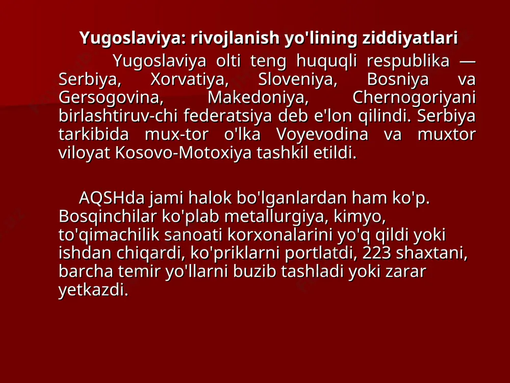 bo'ldiki, iqtisodning davlat boshqaruvi va totalitar rejim sharoiti-da integratsiyalashish mumkin emas edi. sotsialistik tuzum avtarkiya (zarur narsalarni chetdan olmasdan o'zi yetkazishga asoslangan milliy xo'jalik tizi-mi) tarafdori bo'lib, bunda xo'jalik yuritish tizimi biqiq holda qoladi va bozor iqtisodi uchun xos tabiiy integrat-siya jarayonlarini bo'g'ib qo'yadi. shu bois tez orada tizimning o'zi ishdan chiqdi va bu mamlakatlarning rivojlanishi sustlashib ketdi. 80-yillar boshlarida butun sotsialistik tizim iqtisodi inqirozga uchradi va qayta bu inqirozdan chiqib keta olmadi. bu — sotsialistik tizimning talvasasi edi. sssrdagi iqtisodiy inqiroz ushbu jarayonni tezlashtirdi. markazlashgan rejalashtirish va ma'muriy-buyruqbozlik uslublariga asoslangan iqtisodiy tizim inqirozga uchradi. erkin fikrlovchilar mamlakatdan quvg'in qilindi, muxo-lifat chetga surib qo'yildi, norozilar tahqirlandi. bir necha yil davomida totalitarizm ko'p yillik demokratiya an'analarini yo'q qildi. butun tizim ustidan totalitar ti-zimni yurituvchi moskva boshchilik qilar edi. biroq bu tartibni sovet rahbariyati endi ushlab tura olmasligi ayon bo'ldi. milliy uyg'onish, milliy o'zlikni anglash va milliy manfaatlar proletar internatsionalizmining mavhum tamoyillaridan …