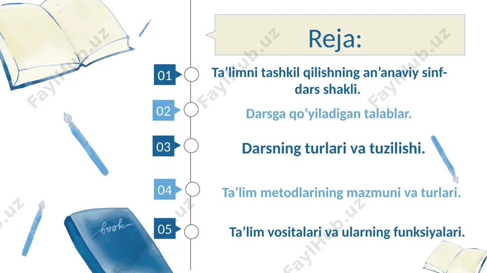 tajriba darsi: amaliy ko’nikmalarni rivojlantirish uchun tashkil etiladi. yangi bilimni o'rgatish darsi: o’quvchilarga yangi ma’lumotlarni etkazish va o’rgatish. ko’nikmalarni rivojlantirish darsi: o’quvchilarga ma’lum bir ko’nikmalarni shakllantirish. dars tuzilishi quyidagi asosiy bosqichlardan iborat: 1. kirish (motivatsiya, dars maqsadini belgilash) 2. asosiy qism (yangi materialni o’rgatish yoki amaliy mashqlarni bajarish) 3. xulosa (darsni umumlashtirish va baholash) 更多精美ppt模板下载： http://so.ooopic.com/sousuo/15770370/ 6 part 04 ta’lim metodlarining mazmuni va turlari ta’lim metodlari – o’qituvchi va o’quvchilar o’rtasidagi o’zaro ta’sirning tizimli yo’lini belgilaydi. ta’lim metodlari quyidagicha turlarga bo’linadi: - tushuntirish metodlari: bu metodda o’qituvchi yangi ma’lumotlarni tushuntiradi, o’quvchilar esa uni tinglaydi va o’rganadi. (leksiyalar, suhbatlar, ma’ruzalar) - amaliy metodlar: o’quvchilarga mashqlar yoki tajribalar orqali ko’nikmalarni o’rgatish. (laboratoriya ishlari, treninglar) - o’yin va mashg’ulot metodlari: o’quvchilarga ta’limni o’yin shaklida taqdim etish. (rollarni ijro etish, simulyatsiya o’yinlari) - boshqaruv metodlari: o’qituvchining sinfdagi faoliyatni tashkil etish va boshqarish usullari. (konsultatsiyalar, individual yondashuv) - dialogik metodlar: o’qituvchi va o’quvchi o’rtasidagi muloqot …
