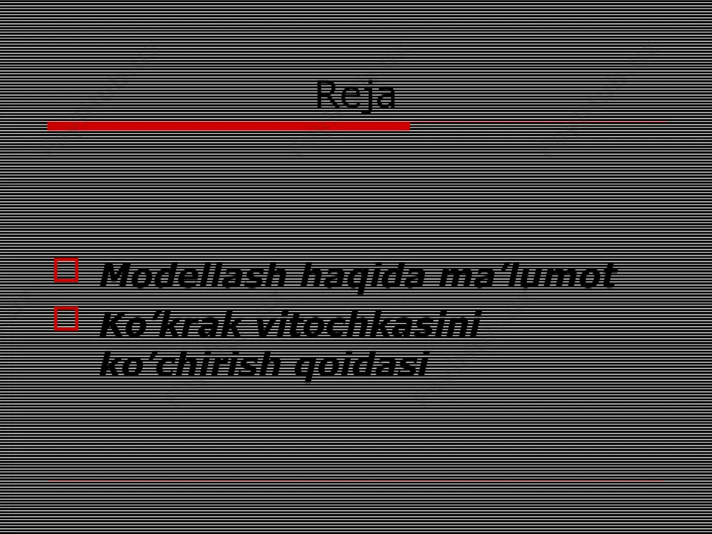 ng old, orqa, yeng, yubka va shim detallarida olib borilishi mumkin. vitochkani sodda ko’chirish kuyidagicha olib boriladi: model eskiziga qarab vitochkaning yangi yo’nalishi belgilanadi (shu chiziq bo’yicha) andaza yangi yo’nalish bo’yicha kesiladi, eski vitochka yopiladi, yangi vitochka esa ochiladi yangi model baza asosining siluet formasi ko’krak vitochkani yon qirqim chizig’iga ko’chirish yon qirqim chizig’ida d nuqta belgilab olinadi. d nuqtani ko’krak vitochka uchi bilan birlashtirib, yangi vitochkani chizig’i o’tkaziladi. shu belgilangan chiziq bo’ylab qirqma hosil qilinadi. ko’krak vitchkasini uning tomonlarini bir biriga to’g’ri keltirib bekitiladida, to’g’nag’ich bilan to’g’nab qo’yialadi. yangi vitochkaning yo’qori chizig’i bo’ylab markazdan 3-5 sm o’lchab qo’yiladi. bu yangi vitochkaning uchi bo’ladi. xosil bo’lgan vitochka qirqimlarini tekis chiziq bilan chiziladi. ko’krak vitochkani old bo’lak simmetriya chizig’iga ko’chirish. ko’chiriladigan vitochka chizig’i belgilanadi. birinchi chiziq ko’krak vitochka uchidan, ikkinchi beldagi vitochka uchidan o’tadi. ikkala chiziq ham simmetriya chizig’iga perpendikulyar o’tkaziladi. belgilangan chiziqlar bo’ylab qirqma hosil qilib, ko’krak va beldagi vitochkalarni …