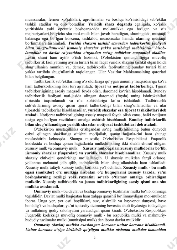 holda ham amalga oshirish mumkin. yuridik shaxs maqomiga ega bo‘lgan tadbirkorlikni korxonalar, firmalar, tashkilotlar, muassasalar, fermer xo‘jaliklari, agrofirmalar va boshqa ko‘rinishdagi sub’ektlar tashkil etadilar va olib boradilar. yuridik shaxs deganda egaligida, xo‘jalik yuritishida yoki operativ boshqaru-vida mol-mulkka ega bo‘lgan va o‘z majburiyatlari bo‘yicha shu mol-mulk bilan javob beradigan, shuningdek, mustaqil balansga ega bo‘lgan korxona, tashkilot, muassasalar hamda ularning mustaqil bo‘linmalari tushiniladi. yuridik shaxsni tashkil etmasdan tadbirkorlik faoliyati bilan shug‘ullanuvchi jismoniy shaxslar yakka tartibdagi tadbirkorlar hisob-lanadilar va davlat ro‘yxatidan o‘tgandan so‘ng tadbirkor maqomini oladilar. lekin shuni ham aytib o‘tish lozimki, o‘zbekiston qonunchiligiga muvofiq tadbirkorlik faoliyatining ayrim turlari bilan faqat yuridik shaxsni tashkil etgan holda shug‘ullanish mumkin va, demak, tadbirkorlik faoliyatining bunday turlari bilan yakka tartibda shug‘ullanish taqiqlangan. ular vazirlar mahkamasining qarorlari bilan belgilangan. tadbirkorlik sub’ektlarining o‘z oldilariga qo‘ygan umumiy maqsadiariga ko‘ra ham tadbirkorlikning ikki turi ajratiladi: tijorat va notijorat tadbirkorligi. tijorat tadbirkorligining asosiy maqsadi foyda olish, daromad ko‘rish hisoblanadi. bunday tadbirkorlik …
