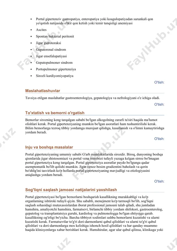 liq metabolik panel jigar kasalligi, virusli gepatit, shuningdek, gipoalbuminemiyada mavjud bo'lgan buyrak etishmovchiligi va jigar fermenti ko'tarilishini aniqlaydi. koagulyatsiya profili jigarning sintetik funktsiyasini aniqlashga yordam beradi. uzaygan protrombin vaqti va past zardobdagi albumin darajasi jigarning sintetik funktsiyasini ishonchli tarzda bashorat qiladi. portal venaning dopplerografiyasi stenoz yoki tromboz mavjudligini aniqlashi mumkin. portal venaning doppleri yo gepatopetal portal vena oqimini (jigar tomon) yoki gepatofugal portal vena oqimini (jigardan uzoqda) ko'rsatadi. ular portal gipertenziya darajasiga qarab o'zgaradi. gepatopetal oqim normaldir. qorin bo'shlig'ining ultratovush tekshiruvi jigar sirrozi, astsit va splenomegaliya belgilarini topishi mumkin. [5] endoskopiya varikoz mavjudligini aniqlashga yordam beradi. nihoyat, astsit bilan og'rigan bemorlarga ularning etiologiyasini aniqlash va spontan bakterial peritonitni istisno qilish uchun parasentez kerak. [6] [7] klinik belgilar va alomatlar osongina namoyon bo'ladigan hollarda portal gipertenziya tashxisini qo'yish uchun portal bosimini o'lchash ko'pincha talab qilinmaydi. portal va jigar venalarining o'tkazuvchanligini dupleks doppler ultratovush, magnit-rezonans yoki kompyuter tomografiyasi angiografiyasi yordamida baholash mumkin. …