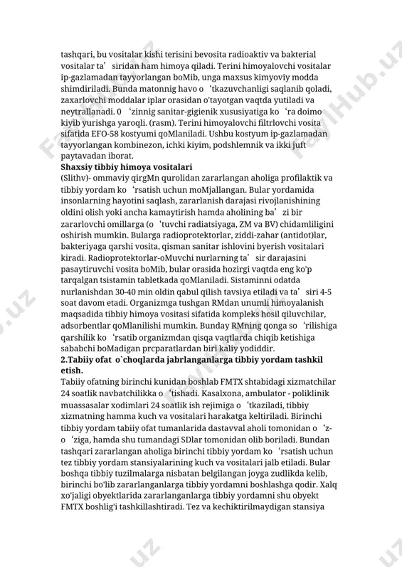 adi. terini ajratuvchi himoya vositalari havo omkazmaydigan materiallardan tayyorlanadi. ular zich yopiladigan (germetik) va zich yopilmaydigan bomishi mumkin. zich yopiladigan vositalar kishi tanasini berkitadi va zaxarlovchi moddalarning bugm va tomchilaridan tomiq himoya qiladi. zich yopilmaydigan vositalar esa faqat tomchi holidagi zaxarlovchi moddalardan himoya qiladi. bundan tashqari, bu vositalar kishi terisini bevosita radioaktiv va bakterial vositalar ta’siridan ham himoya qiladi. terini himoyalovchi vositalar ip-gazlamadan tayyorlangan bomib, unga maxsus kimyoviy modda shimdiriladi. bunda matonnig havo o‘tkazuvchanligi saqlanib qoladi, zaxarlovchi moddalar iplar orasidan o'tayotgan vaqtda yutiladi va neytrallanadi. 0 ‘zinnig sanitar-gigienik xususiyatiga ko‘ra doimo kiyib yurishga yaroqli. (rasm). terini himoyalovchi filtrlovchi vosita sifatida efo-58 kostyumi qomlaniladi. ushbu kostyum ip-gazlamadan tayyorlangan kombinezon, ichki kiyim, podshlemnik va ikki juft paytavadan iborat. shaxsiy tibbiy himoya vositalari (slithv)- ommaviy qirgmn qurolidan zararlangan aholiga profilaktik va tibbiy yordam ko‘rsatish uchun momjallangan. bular yordamida insonlarning hayotini saqlash, zararlanish darajasi rivojlanishining oldini olish yoki ancha kamaytirish hamda aholining ba’zi bir …