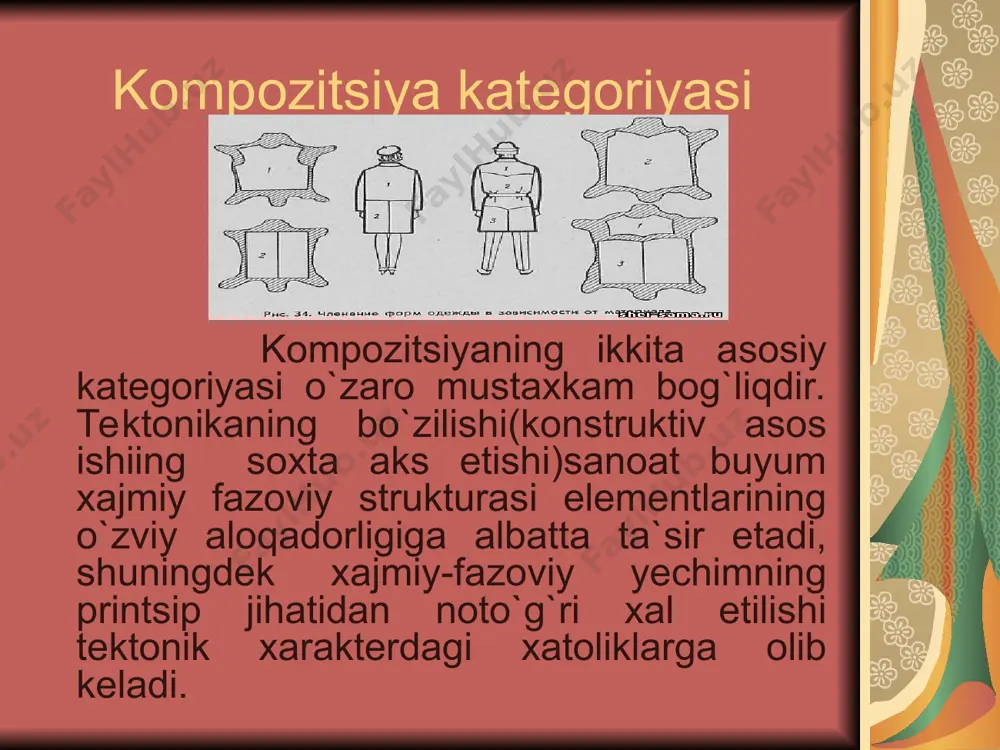 rali materiallardan tiqiladi; maktab bitiruvchilarining tantana marosimidagi ko`ylaklarini oq, pushti, havorang va boshqa rangdor gulli materiallardan tikiladi, chunki bunda, yoshlikaa hayolchanlik хos bo`lganligi uchun, sho`хchanlik, qushdek yengillik, parvoz hissi sezilib turishi kerak.