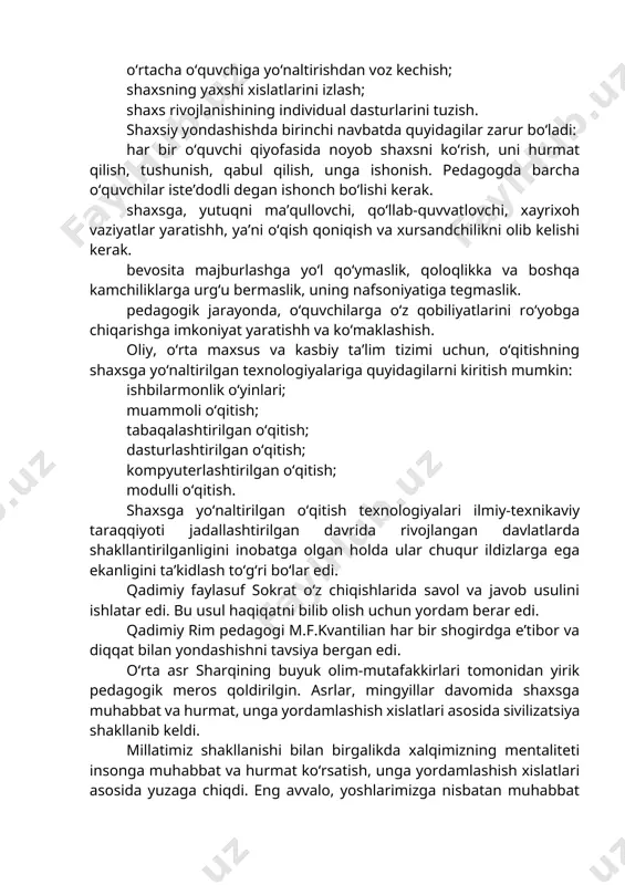 arning mavjud imkoniyatlarni inobatga olib, ularni rivojlantirish, takomillashtirish va boyitishga qaratilgan bo‘ladi. individual yondashuvning zamonaviy yangi talqini quyidagilardan iborat: o‘rtacha o‘quvchiga yo‘naltirishdan voz kechish; shaxsning yaxshi xislatlarini izlash; shaxs rivojlanishining individual dasturlarini tuzish. shaxsiy yondashishda birinchi navbatda quyidagilar zarur bo‘ladi: har bir o‘quvchi qiyofasida noyob shaxsni ko‘rish, uni hurmat qilish, tushunish, qabul qilish, unga ishonish. pedagogda barcha o‘quvchilar iste’dodli degan ishonch bo‘lishi kerak. shaxsga, yutuqni ma’qullovchi, qo‘llab-quvvatlovchi, xayrixoh vaziyatlar yaratishh, ya’ni o‘qish qoniqish va xursandchilikni olib kelishi kerak. bevosita majburlashga yo‘l qo‘ymaslik, qoloqlikka va boshqa kamchiliklarga urg‘u bermaslik, uning nafsoniyatiga tegmaslik. pedagogik jarayonda, o‘quvchilarga o‘z qobiliyatlarini ro‘yobga chiqarishga imkoniyat yaratishh va ko‘maklashish. oliy, o‘rta maxsus va kasbiy ta’lim tizimi uchun, o‘qitishning shaxsga yo‘naltirilgan texnologiyalariga quyidagilarni kiritish mumkin: ishbilarmonlik o‘yinlari; muammoli o‘qitish; tabaqalashtirilgan o‘qitish; dasturlashtirilgan o‘qitish; kompyuterlashtirilgan o‘qitish; modulli o‘qitish. shaxsga yo‘naltirilgan o‘qitish texnologiyalari ilmiy-texnikaviy taraqqiyoti jadallashtirilgan davrida rivojlangan davlatlarda shakllantirilganligini inobatga olgan holda ular chuqur ildizlarga ega ekanligini ta’kidlash to‘g‘ri …