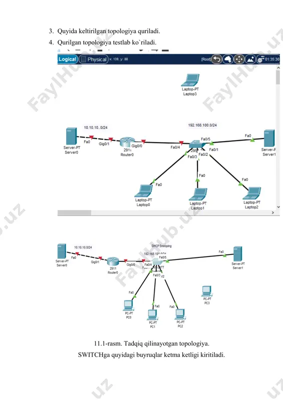 it rate 2048 switch(config-if) do wr switch(config)#end routerga quyida buyruqlar ketma ketligi kiritiladi. continue with configuration dialog? [yes/no]: no router>enable router#conf t router(config)#interface gigabitethernet 0/0 router(config-if)#no shutdown router(config-if)#ip address 192.168.100.1 255.255.255.0 router(config-if)#ip helper-address 10.10.10.10 router(config-if)#ex router(config)#interface gigabitethernet 0/1 router(config-if)#no shutdown router(config-if)#ip address 10.10.10.1 255.255.255.0 router(config-subif)#do wr router(config-subif)#exit 11.2-rasm. serverga dhcp xizmatini yoqish. 11.3-rasm. hostlarni ip manzil olganligini ko’rish. 11.4-rasm. soxta serverda dhcp xizmatini yoqish. 11.5-rasm. soxta serverdan ip manzil olgan host. 11.6-rasm. dhcp snooping xizmati yoqilgandan so’ng hostning haqiqiy serverdan ip manzil olishi. topshiriq: amaliy ish mavzusi bo'yicha hisobot tayyorlash. hisobotning mazmuni: - ishning raqami va mavzusi; - cisco packettracerda tadqiq qilinayotgan tarmoq topologiyasining tasviri; - tarmoqdagi ip-manzillarni taqsimlash, ulanish diagrammasi (interfeys raqamlari), shu jumladan modelning tavsifi; - foydalanuvchi nomlari va parollari; - tarmoq elementlarini sozlash ro'yxati; - tarmoq elementlariga kirishga urinishlar natijalari. nazorat savollari 1. dhcp xizmati nima? 2. dhcp xizmatida qanday zaifliklar mavjud? 3. dhcp-snooping tarmoq hujumi nima …