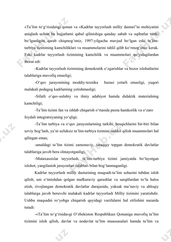 agi vazifalarni hal etilishini nazarda tutadi: -«ta’lim to‘g‘risida»gi o‘zbekiston respublikasi qonuniga muvofiq ta’lim tizimini isloh qilish, davlat va nodavlat ta’lim muassasalari hamda ta’lim va kadrlar tayyorlash sohasida raqobat muhitini yagona o‘quv ilmiy-ishlab chiqarish majmui sifatida izchil rivojlantirishni ta’minlash; -ta’lim va kadrlar tayyorlash tizimini jamiyatda amalga oshirilayotgan yangilanish, rivojlangan demokratik, huquqiy davlat qurilish jarayoniga moslash; -kadrlar tayyorlash tizimi muassasalarini yuqori malakali mutaxassislar bilan ta’minlash, pedagogik faoliyatning nufuzi va ijtimoiy maqomini ko‘rish va hakazolar. kadrlar tayyorlash milliy dasturi uch bosqichda amalga oshiriladi. birinchi bosqich (1997-2001) asosan yangi uzluksiz ta’lim tizimi uchun meyoriy asoslarni yaratish ishlari amalga oshiriladi. ikkinchi bosqich (2001-2005) ta’lim sifati ta’minlanadi. uchinchi bosqich (2005 va undan keyingi yillar) to‘plangan tajribalar umumlashtirilib tahlil qilinadi va kadrlar tayyorlash tizimini takomillashtirish va yanada rivojlantirish. uzluksiz ta’lim turlari quyidagilarni o‘z ichiga oladi: -maktabgacha umumiy o‘rta ta’lim; -o‘rta maxsus, kasb-hunar ta’limi; -oliy ta’lim; (bakalavriat, magistratura) -oliy o‘quv yurtidan keyingi ta’lim; -kadrlar malakasini oshirish va ularni …
