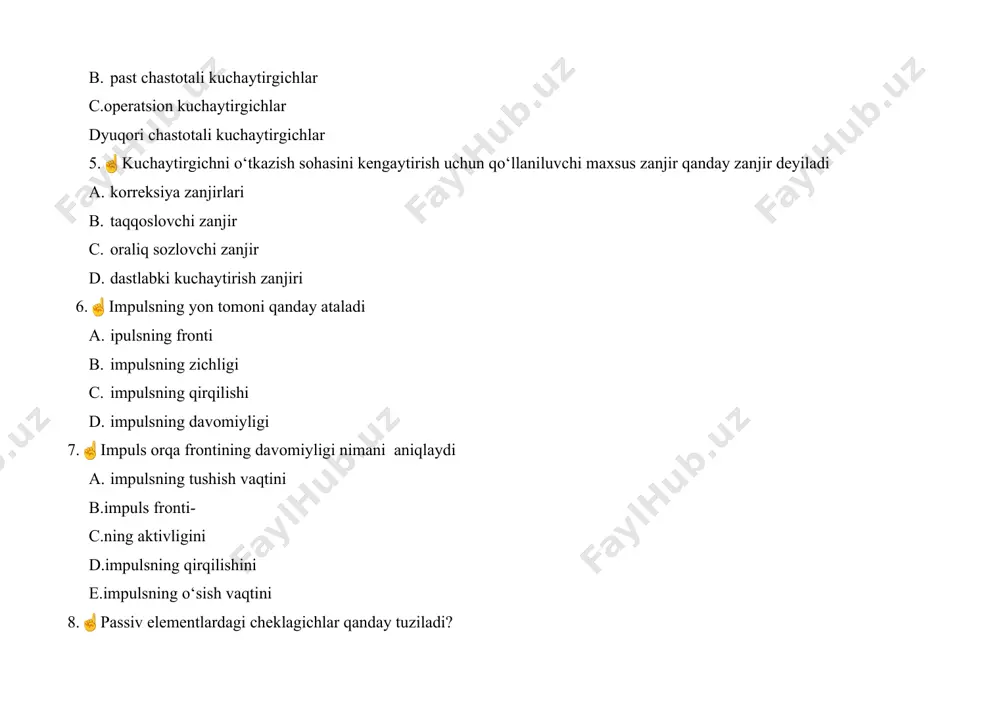 an 9.☝️simmetrik bo‘lmagan differensial kuchaytirgich bu: a. chiqish signali yerga nisbatan olingan b. chiqish signali ta’minlash manbaining musbat qutbiga nisbatan olingan c. chiqish signali ta’minlash manbaining manfiy qutbiga nisbatan olingan d. chiqish signali ta’minlash manbaining oraliq uchiga nisbatan olingan 10.☝️yuqori chastotaviy korreksiyalangan bipolyar tranzistorli kuchaytirgich sxemasini ko‘rsating a. b. c. d. 11.☝️tranzistorli kalit sxemasini ko‘rsating a. b. c. d. 12☝️.bipolyar tranzistorga qurilgan trigger sxemasini ko‘rsating a. b. c. d. 13.☝️quyida qanday qurilmaning sxemasi tasvirlangan? a. avtotransformatorli lc generator b. induktiv bog’lanishli lc-generator c. rc-generator d. lr-generator 14.☝️o'zgarmas tok uch kaskadli kuchaytirgichda kollektor qarshiligi qanday taqsimlanadi a. rk3 rk1 c. rk3 = rk2 = rk1 d. rk3 > rk2 1, ki>1 bo‘lgan va chiqish signali kirish signali shaklini qaytaradigan kuchaytirgich 101.☝️bu qanday qurilmaning sxemasi? a. sig’im uch nuqtali lc generator b. lc-generator c. rc-genrator d. rl-generator 102☝️.induktiv bog’lanishli lc-generatorning generatsiya chastotasi qaysi ifoda bilan aniqlanadi? a. b. c. d. 103.☝️bu qanday …