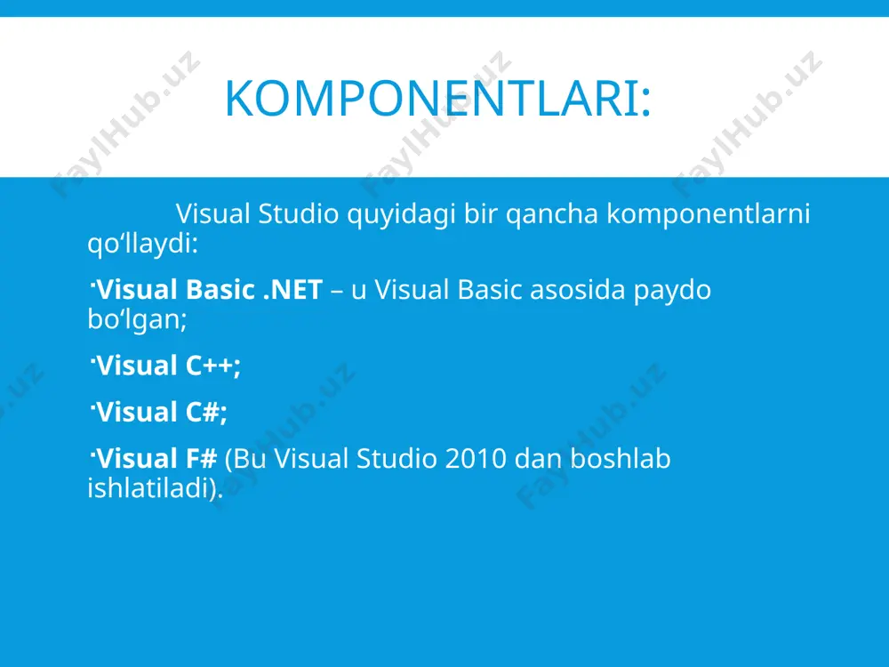 vchi). ushbu oyna joyini o‘zgartirish mumkin (boshqa oynalar orqali fiksirlanadi).  dock as tabbed document (yopishgan oyna holatida asosiy oynada bo‘ladi). bu oynada start page varaqasi mavjud bo‘ladi. oynalar majmuasi tarkibi  auto hide (avtomatik tarzda yo‘qolib qolish). ushbu holatda oyna avtomatik tarzda yo‘qoladi va ishchi oynaning yon tomoniga yopishib turadi va sichqoncha olib borilganda u birdagina suzib chiqadi.  hide (yashirish). bu holatda oyna ekrandan butunlay yo‘qoladi. uni qaytarish uchun asosiy menyudan view, other windows parametridan foydalanish zarur bo‘ladi. oynalar ustida biror – bir operasiyalarni bajarish uchun ularning tarkibini yaxshi bilish kerak bo‘ladi. console aplication muhitida konsol ilovalar yaratish ba`zida, masalan, ilmiy hisoblashlar uchun qandaydir eng oddiy berilganlarni kiritish va kiritilgan ma`lumotlarni murakkab matematik hisoblashlar bilan qayta ishlash, olingan natijalarni tezlik bilan ekranga chiqarish talab qilinadi. bunday vaziyatlar katta dasturlarni qismlarga ajratib yaratish vaqtida vujudga keladi. dasturlashda konsol ilovali deb ataladigan turlicha dasturlarni tashkil qilish mumkin. odatda konsol rejimida …