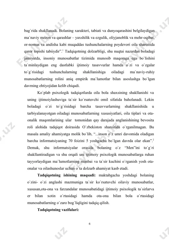 bog`liqlikni tajribalar asosida empirik jihatdan asoslash. tadqiqot ishining ob`ekti: to`liq yosh oilalarning vakillari bo`lmish 35 nafar ona va 35 nafar ota hamda ularning maktabgacha yoshli farzandlari xizmat qildi. tadqiqotda jami 90nafar respondentlarishtirok etdilar. tadqiqot ishining bazasi andijon shaxar maya bag`cha mfy yashovchi oilalar. tadqiqot ishining predmeti: maktabgacha yoshdagi bola “men” konsepsiyasining o`ziga xos ijtimoiy psixologik xususiyatlari va ularning rivojlanish darajasi, oiladagi munosabatlar xususiyatlarining o`zaro aloqasi hisoblanadi. i bob.oilaviy munosabatlar tizimida bolaning o`zini- o`zi anglashi muammosi. 1.1. ong va o`zini-o`zi anglash, “men” konsepsiyasi va “men” obrazi fenomenining psixologiyada o`rganilishi. bugun oilaning benazir nufuzi, ulkan ijtimoiy ahamiyatga molikligi hech kimda shubha uyg`otmaydi. zotan, oila chindan ham jamiyatning asosiy hujayrasi va ijtimoiy tayanchidir. har bir oilaning baxtiyorligi va farovonligi pirovard natijada jamiyatning barqarorligi, gullab yashnashi hamda farovonligi shartidir. oila nafaqat inson naslini davom ettirish omili sifatida, balki jamiyat a`zolarini, ayniqsa o`sib kelayotgan yosh avlodni milliy istiqlol g`oyasi asosida tarbiyalash maskani sifatida ham katta …