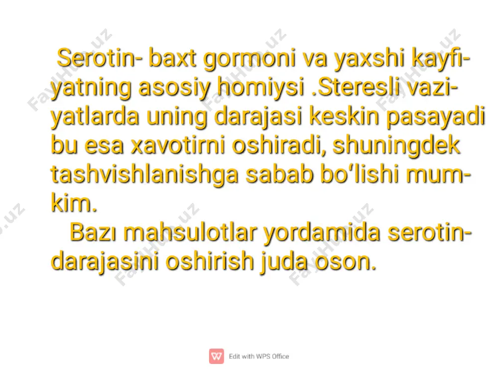 seziladi. estrogen ayol garmonlaridan biri bo'lib, kayfiyat va hissiy muvozanatni saqlashda muhim roʻl o'ynaydi. ushbu farmon darajasi o'zgarishi mumkin bu esa kayfiyat o'zgarishlariga olib kelishi mumkin. masalan , menstruatsiyasi, homiladorlik va menopauza davrida estrogen darajasidagi o'zgarishlar seziladi. ushbu gormon- ushbu gormon- ning normal daraja- ning normal daraja- da bolishi ruhiy salomatlikka ijobiy da bolishi ruhiy salomatlikka ijobiy tasir koʻrsata.shuning- tasir koʻrsata.shuning- dek,estrogen miq- dorini normallash- dek,estrogen miq- dorini normallash- tirish uchun sogʻlom tirish uchun sogʻlom jismoniy faollik va steressni boshqa- jismoniy faollik va steressni boshqa- rish tafsiya etiladi.rish tafsiya etiladi.