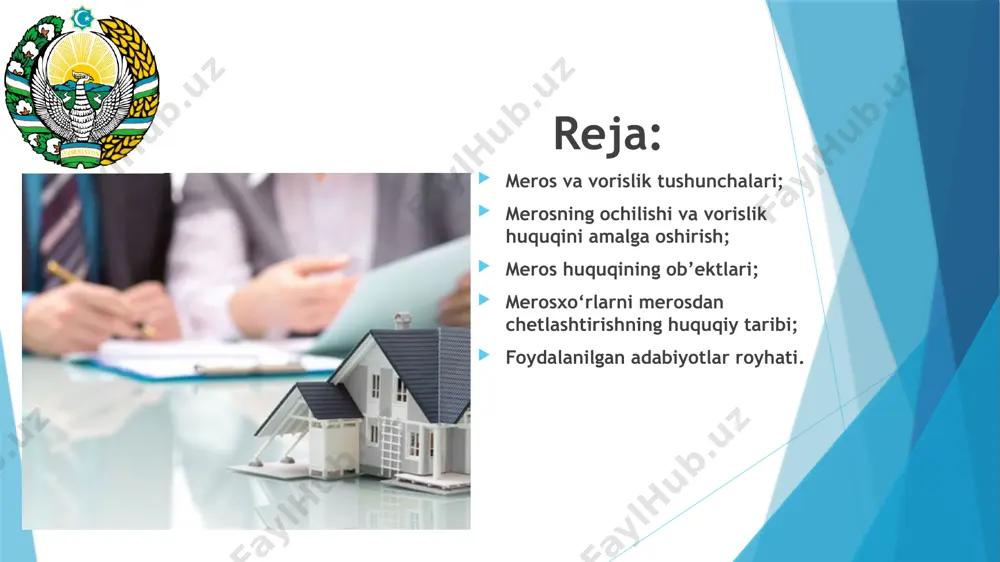mustahkamlash vositasi hisoblanadi; meros qoldiruvchi o‘zining xususiy mulk huquqini vafotidan keyin ham saqlanishi, ko‘payishi, rivoj topishi bilan oilaviy va qarindoshlik rishtalarini mustahkamlashdagi omillarini hisobga olgan holda, merosni kimga o‘tishiga befarq qaray olmaydi. qonunda belgilab qo‘yilgan merosxo‘rlar bo‘lib, asosan meros qoldiruvchining qarindoshlik munosabati bilan bog‘langan shaxslar, uning oila a’zolari va qaramog‘idagi mehnatga qobiliyatsiz, yordamga muhtoj shaxslar hisoblanadilar; meros mulkidan olinadigan hissa erkaklar uchun ham, ayolllar uchun ham, qayd qilingan nikohdan tug‘ilgan bolalar uchun ham, qonun bilan belgilangan tartibda otaligi aniqlangan bolalar uchun ham, farzandlikka olinganlar uchun ham, barobardir; vasiyat bo‘yicha merosxo‘rlar doirasini belgilash meros qoldiruvchining mutlaq huquqi bo‘lib, u nafaqat jismoniy shaxslardan, shuningdek, yuridik shaxslardan ham iborat bo‘lishi mumkin; qonun bo‘yicha ham, vasiyat bo‘yicha ham vorislik amalga oshirilmagan hollarda meros mulk taqdiri sudning qarori bilan hal qilinadi. vorislik huquqi tushunchasi. voris deganda, qonunda belgilab qo‘yilgan meros qoldiruvchining qarindoshlik munosabatlari bilan bog‘langan avlod va ajdodlari, uning qaramog‘ida bo‘lgan mehnatga qobiliyatsiz boqimlari (qonun …