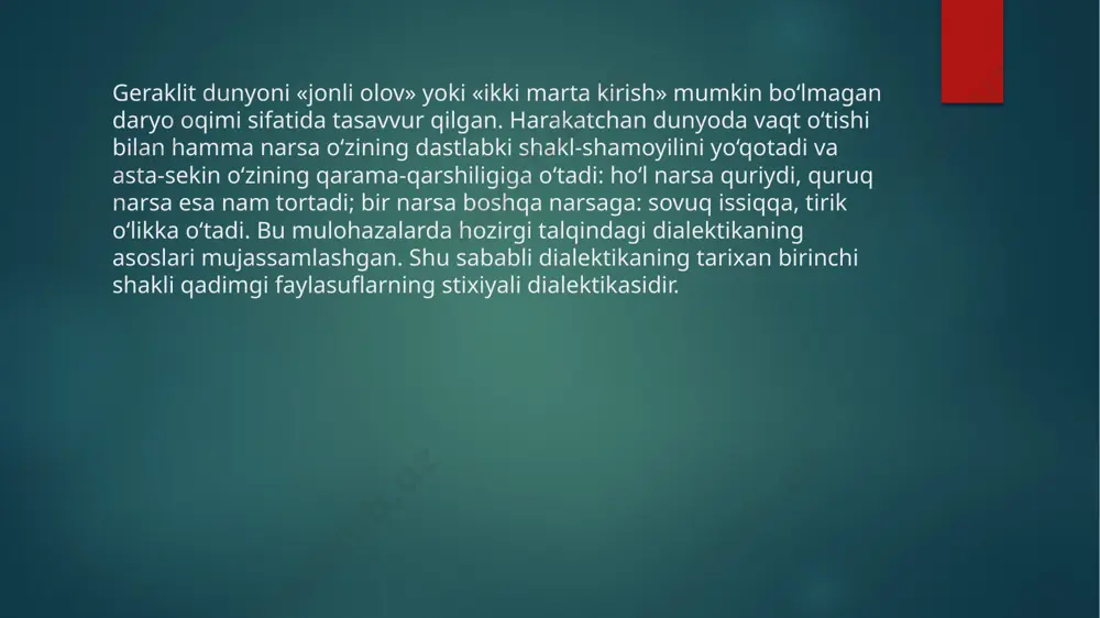 ishi. u sub’ektdan, inson va insoniyatdan qat’iy nazar mavjuddir. sub’ektiv dialektika – bu sub’ektning fikrlash dialektikasi va uning ob’ektiv dunyoni bilishi uchinchidan, fan sifatida dialektika o‘z tamoyillari, qonunlari va kategoriyalariga ega. dialektika qonunlari rivojlanish jarayonidagi umumiy muhim aloqalarni aks ettiradi. ular dialektikaning nazariyasini yaratishda muhim metodologik funksiyani bajaradi. dialektikada umumiy qonunlar uchta: dialektik ziddiyatlilik qonuni, miqdor va sifat o‘zgarishlarining bir-biriga o‘tishi qonuni va inkorni-inkor qonuni. dialektika kategoriyalari – bu eng fundamental, asosiy tushunchalar bo‘lib, ularda va ularning yordamida falsafiy fikrlash amalga oshiriladi. to‘rtinchidan, dialektikaning o‘ziga xos xususiyati shundaki, u nazariya vazifasini ham, metodologiya vazifasini ham bajaradi. dialektika qonunlari, kategoriyalarining mazmuniga va bilish jarayonining amal qilish va rivojlanish qonuniyatlariga muvofiq fikrlovchi sub’ektga qo‘yiladigan tegishli talablar shakllantiriladi va shu tariqa unga bilish faoliyatida yo‘l ko‘rsatiladi. shunday qilib, hozirgi talqindagi dialektika - bu: 1) hodisalarning ularga xos bo‘lgan ziddiyatlar vujudga kelishi, o‘zaro ta’sirga kirishishi va echilishiga muvofiq rivojlanishidan iborat bo‘lgan ob’ektiv jarayon; 2) …
