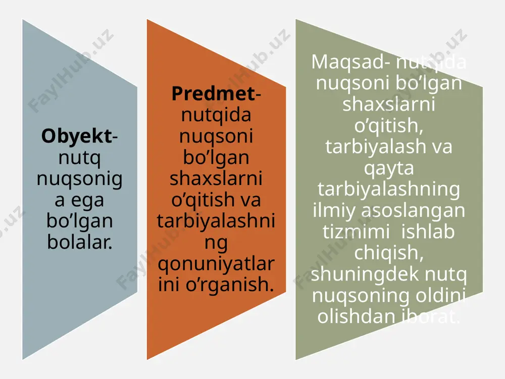 rning boshqa tovushlarga almash­ti­rilishi parasigmatizm deb yuritiladi. masalan, soat-«toat», jo`ja-«do`da», choynak-«toynak». rotatsizm (grekcha ro harfi nomidan olingan bo‘lib, «r» tovushni bildiradi) –r tovushning talaffuzidagi kam­chi­liklardir. r tovushini boshqa tovushlar bilan almashtirilishi pararotatsizm deb yuritiladi. masalan, raketa-«yaketa», rom-«lom», ruchka-«yuchka». lambdatsizm-(grekcha lambda harfini nomidan olin­gan bo‘lib, l tovushini bildiradi). –l tovushining talaffuzidagi kamchilikdan iborat. l tovushining boshqa tovushlarga almashtirilishi paralambdatsizm deb yuritiladi. masalan, lola-«yoya», gul-«guy». til orqa tovushlaridagi kamchiliklar: kappatsizm-k tovushining nutqda yo‘qligi, parakatatsizm «k» tovushini almashtirilishi. masalan, koptok-«topto», kitob-«titob»; gammatsizm-g tovushining nutqda yo‘qligi, paragammatsizm-g tovushining almashtirilishi. masalan, gul-«dul», gilam-«dilam»; xitizm-x tovushining nutqda yo‘qligi, paraxitizm x tovushining almashtirilishi. masalan, xat-«tat», xo‘roz-«to‘roz»; yotatsizm-y tovushining nutqda yo‘qligi, parayotatsizm y tovushining almashtirilishi rinolaliya - dimoqdan, dimoq bilan gapirish, tovushlar talaffuzi va ovoz tembirining nutq apparatidagi anatomik-fiziologik kamchiliklari, o‘zgarishlari natijasida buzilib aytilishidir dizartriya-so‘zlarni to‘la, ravon talaffuz qila olmaslik, talaffuz nuqsonidir. anartriya-bola nutqini tushunib bo‘lmaydi, bola xuddi og‘ziga tolqon solib gapirganidek tuyuladi. og’zaki nutq buzulishi rinolaliyaning shakllari …