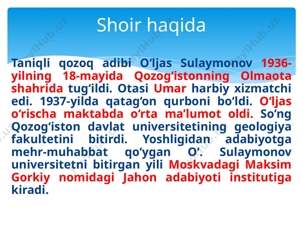 olis yo‘lga tushganda, jang-jadaldan to‘yganman, aytsam, ko‘pdir ozorim, egarda tug‘ilgandim, o‘lmoqdaman kishanda, tongda meni it kabi qiladilar sazoyi. horib terlagan otning hidini unutgayman, so‘g‘ishlar urhosini unutgayman zindonda. tongda jismim burdalab, alangaga tutgaylar, shon-shuhratin yo‘qotgay boshim bunday vidoda. unutgayman xotinlarning titrab-qaqshab turganin, yalang‘och qilichdaydim, zang bosadi tig‘imni. chalajon bir ilonday tomog‘imda yuragim. “mambet botirning qatl oldidan aytganlari” she’ri (shavkat rahmon tarjimasi) sen — asalsan go‘yo, esladimmi — tishlar sirqirar, sen — bir hazil, ki dastingdan yurak zirqirar. men faqirman, kim ham xafa qilardi! do‘zax ko‘rdim, endi jannat istar dil. eh, nechun boshqalar seni sevadir, sevmagin, o‘, ular odammas axir. kishnaydi, kishnab yo‘q qilar, ular odam emas, ular – ayg‘irlar! “tungi taqqoslar” she’ri (sirojiddin sayyid tarjimasi) image3.jpg /docprops/thumbnail.jpeg