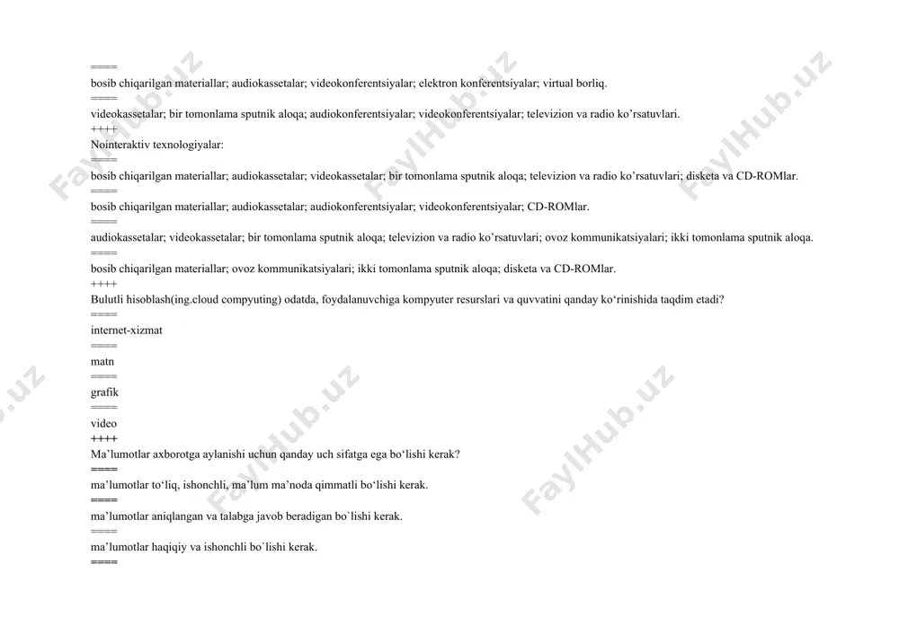 ncha joy ajratiladi? ==== 15 gb ==== 150 mb ==== 15 mb ==== 15 tb ++++ paas nima? ==== xizmatga asoslangan platforma ==== xizmat sifatida infratuzilma ==== xizmat sifatida dasturiy ta'minot ==== xizmat sifatida struktura ++++ iaas nima? ==== xizmat sifatida infratuzilma ==== xizmatga asoslangan platforma ==== xizmat sifatida dasturiy ta'minot ==== xizmat sifatida struktura ++++ saas nima? ==== xizmat sifatida dasturiy ta'minot ==== xizmat sifatida infratuzilma ==== xizmatga asoslangan platforma ==== xizmat sifatida struktura ++++ raqamli ta’lim resurslari (rtr) ishlab chiqarish uchun eng qulay va ommabop vositalar qaysilar ? ==== microsoft word, microsoft excel va power point. ==== ispring, autoplay media studio, mytest ==== adobe flash, html ==== php, css, html ++++ eтrga talablar: ==== didaktik, maxsus, metodik ==== tizimli, tarmoq, estetik ==== individuallik, electron nashr ==== information, tizimli ++++ dars mazmunini yoritilishida matn ……... izohlanadi ==== mavzuni gapirish, bayon qilish, fikr yuritish bilan ==== savollar, topshiriqlar, mashqlar bilan …
