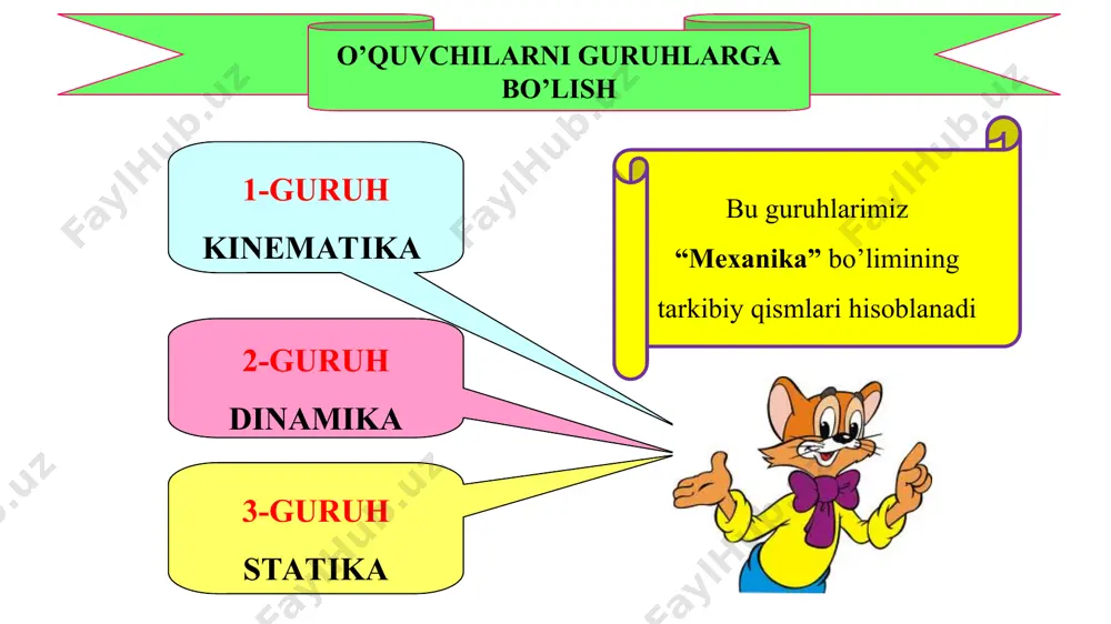 orlarni qo’shish va ayrishni sodda usullarini ko’rib chiqamiz. qarama-qarshi yo’nalishdagi vektorlar ayriladi. vektor kattaliklar ustida amallar vektor kattalik musbat (manfiy) songa ko‘paytirilsa, uning kattaligi shu son marta ortadi, yo‘nalishi esa o‘zgarmaydi (qarama-qarshisiga o’zgaradi). ko’paytirish vektor kattaliklar ustida amallar vektor kattalik musbat (manfiy) songa bo‘linsa, uning kattaligi shu son marta kamayadi, yo‘nalishi esa o‘zgarmaydi (qarama-qarshisiga o’zgaradi).. bo’lish 4. vektor kattaliklarning proyeksiyasi gorizontal holatdagi vektor kattaliklarning faqatgina ox o’qida proyeksiyasi bo’ladi. x x y vertikal holatdagi vektor kattaliklarning faqatgina oy o’qida proyeksiyasi bo’ladi. y gorizontal va vertikal vektor kattaliklarning proyeksiyalari o’zlariga teng bo’ladi. agar vektor kattalik gorizontal va vertikal holatda bo’lmay biron burchak ostida bo’lsa, uni ox va oy o’qlarida proyeksiyalari mavjud bo’ladi. buni aravacha tasir etayotgan kuch misolida ko’rib chiqamiz. x y x y 5 25 3 28 kompyuterning “autopley”dasturi yordamida tuzilgan test asosida yangi mavzuni mustahkamlash guruxlar rag’batlari hisoblanib, go’lib guruxni aniqlash darsda faol ishtirok etgan o’quvchilarni baholash o’quvchilarni baholash …