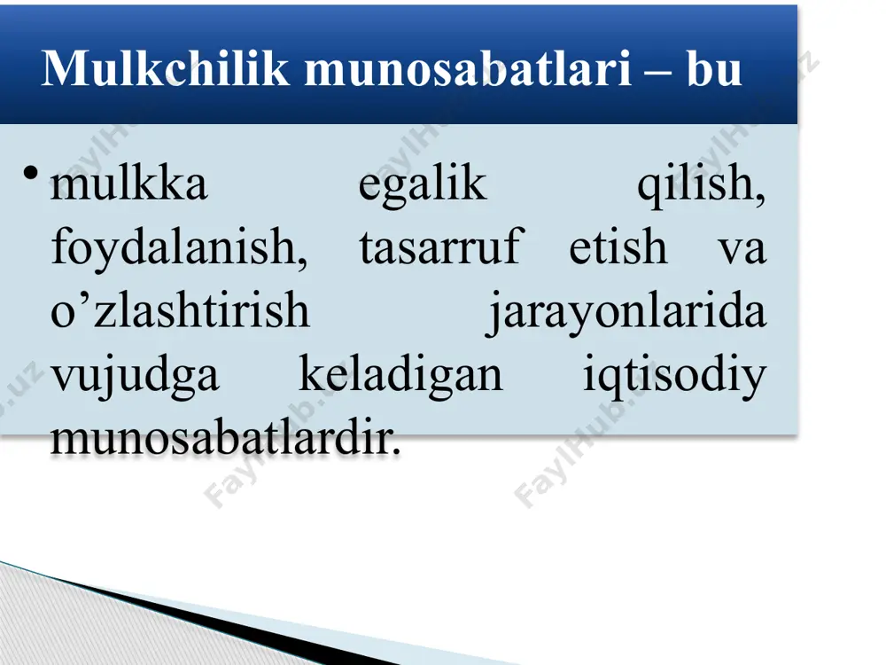 iyatiga aylantirish , davlat korxonasini sotib, uni jamoa mulkiga aylantirish; mulkni qiymatga qarab chiqarilgan cheklar (vaucher) bo’yicha fuqarolarga bepul berish; mulkni ayrim tadbirkor va ish boshqaruvchilarga sotish; ayrim davlat korxonalarini chet el firma va fuqarolariga sotish yoki qarz hisobiga berish; davlat mol-mulkini auktsionlarda kim oshdi savdosi orqali sotish va h.k. хусусийлаштиришнинг усуллари ҳам турли-туман бўлиб, уларни 3 гуруҳга ажратиш мумкин: 1 давлат мулкини бепул бўлиб бериш орқали хусусийлаштириш; 2 давлат мулкини сотиш орқали хусусийлаштириш; 3 давлат мулкини бепул бўлиб бериш ҳамда сотишни уйғунлаштириш орқали хусусийлаштириш o’zbekistonda mulkni davlat tasarrufidan chiqarish va xususiylashtirish jarayonini amalga oshirish bosqichlari i-bosqich (1992-1993 yillar) umumiy uy-joy fondini, savdo, mahalliy sanoat, xizmat ko’rsatish korxonalarini, qishloq xo’jalik mahsulotlarini qayta ishlash tizimi korxonalarini xususiylashtirish ii-bosqich (1994-1995 yillar) ko’plab o’rta va yirik korxonalar hissadorlik jamiyatlariga aylantirish hamda ularning aktsiyalarini respublika qimmatli qog’ozlar bozorida sotish iii-bosqich (1996-1998 yillar) aktsiyalarining nazorat paketi davlat mulkida bo’lgan yirik korxona va tarmoqlarni xususiylashtirish iv-bosqich …