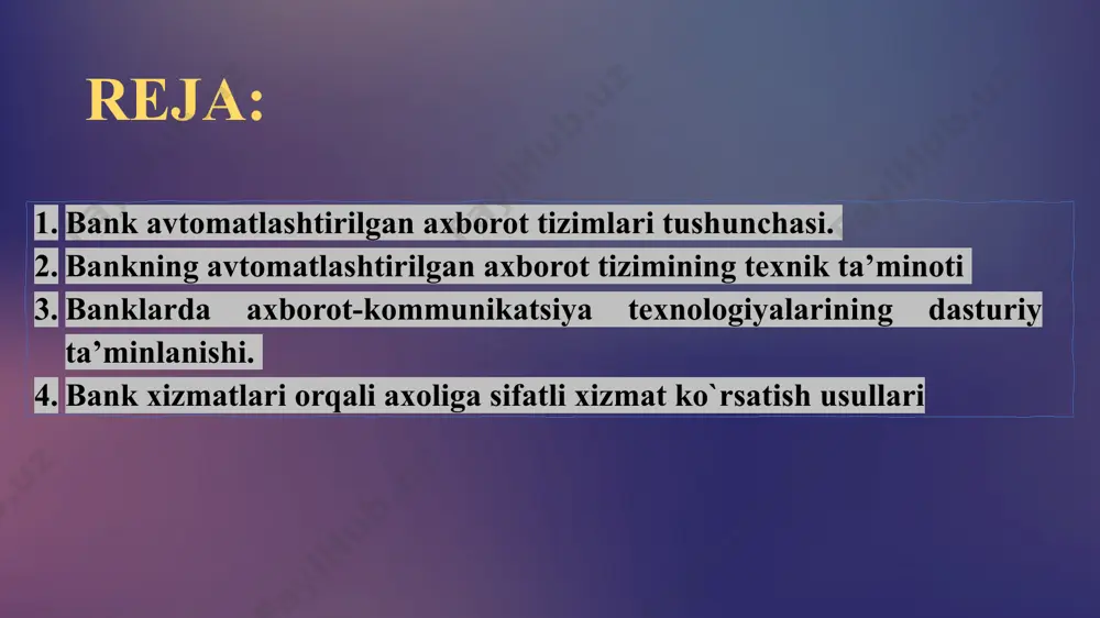 g asosiy xizmat modullari quyidagilarni amalga oshiradi: yuridik shaxslarga hisoblash-kassa xizmatini ko`rsatish; bank-korrespondentlari schyotlari bo`yicha xizmat ko`rsatish; kredit, depozit, valyuta operatsiyalari; xususiy shaxslar kiritmalarining har qanday turlari va ular bo`yicha operatsiyalar; fond operatsiyalari; plastik kartochkalar yordamida hisob-kitoblar; buxgalteriya vazifalari; bankning avtomatlashtirilgan axborot tizimining texnik ta’minoti. baatni texnik ta’minlash jarayonlarida bank texnologiyalari apparat vositalari arxitekturasi zamonaviy talablar asosida qurilishlari kerak. ularga: aloqaning turli-tuman telekommunikatsion vositalari, ko’p mashinali majmualar, «mijoz-server»ning arxitekturasidan foydalanish, mahalliy, mintaqaviy va global tezkor tarmoqlarni qo’llash, apparatli yechimlarini unifikatsiyalash kiradi. «mijoz-server» arxitekturasi bankomat tegishli bo'lgan kategoriyadan qat'iy nazar, uni ikki qismga ajratish mumkin: yuqori (texnik) qism va seyf 5-rasmda keltirilgan. texnik blok quyidagilarni o'z ichiga olishi kerak: plastikni qabul qilish; ekran; ekran tugmalari; chop etishga printer; dinamik; klaviatura; ekran tugmalari ekran banknotani chiqarish plastikni qabul qilish dinamik klaviatura banknotani qabul qilish banknotani chiqarish; banknotani qabul qilish. chop etishga printer ekran tugmalari ekran banknotani chiqarish plastikni qabul qilish dinamik klaviatura …
