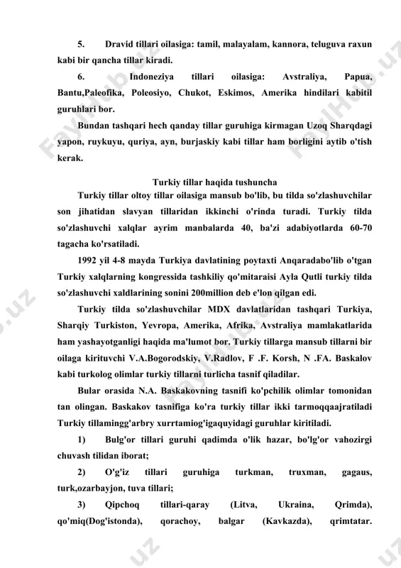 ) qarluq tillari gurihiga o'zbek. uyg'ur tillari kiradi.turkiy tillarnmg sharqiy xun tarmog'iga quyidagi guruhdagi tillar kiradi: 1) uyg'ur-turkiy tillariga qadimgi uuxun enasoy bitiklari tili, hozirgi tuva, tufalar (karagas) tillari; 2)yoqut tillari guruhi; 3) xakas tillari guruhiga xakas, kamasin, sho'r, chulin, oltoy, sari, uyg'ur tillari: 4)qirg"iz-qipchoq tillari guruhiga esa qirg'iz, oltoy tilining janubiy shevalari kiradi. turkiy tillar boshqa tillar oilalaridan aglyutinativ tizimga kirishi fonetik jihatdan singarmomzm qonunining mavjudligi, qarashlilik kategonyasming bo'lishi, grammatik jins kategoriyasining bo'lmasligi ko'makchilarning qo'llanishi, gap bo'laklarining qat'iy bir tartibda kelishi so'zlarning ko'p ma'noli bo'lishi kabi lingvistik xususiyatlari bilan farq qiladi.1 o'zbek adabiy tili, umumxalq o'zbek tili va shevalari adabiy til keng ma'noda tarixan shakllangan, so'z ustalari tomonidan qayta ishlangan. sayqal berilgan, jamiyatda kishi faoliyatining barcha tarmoqlari bilan uzviy bog'langan badiiy-publitsistik, ilrniy adabiyot tilidir. .sodda qilib aytadigan bo'lsak, ozbek adabiy til qonun-qoidalar asosida tuzilgan, o'zbeklar uchun namuna bo'ladigan, umumxalq tilining eng oliy shaklidir. hozirgi o'zbek adabiyete tili o'zbekiston davlatlari …