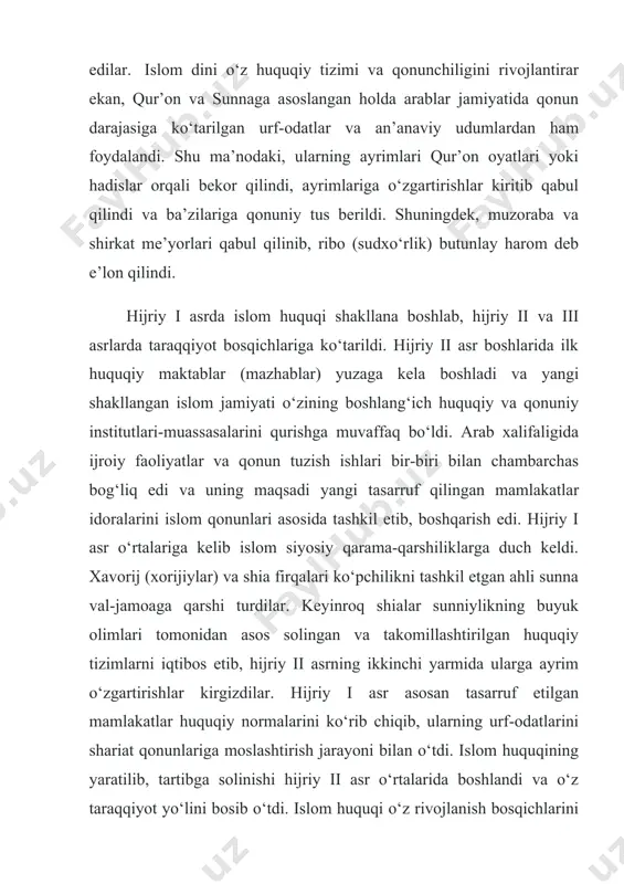 lari ko‘pchilikni tashkil etgan ahli sunna val-jamoaga qarshi turdilar. keyinroq shialar sunniylikning buyuk olimlari tomonidan asos solingan va takomillashtirilgan huquqiy tizimlarni iqtibos etib, hijriy ii asrning ikkinchi yarmida ularga ayrim o‘zgartirishlar kirgizdilar. hijriy i asr asosan tasarruf etilgan mamlakatlar huquqiy normalarini ko‘rib chiqib, ularning urf-odatlarini shariat qonunlariga moslashtirish jarayoni bilan o‘tdi. islom huquqining yaratilib, tartibga solinishi hijriy ii asr o‘rtalarida boshlandi va o‘z taraqqiyot yo‘lini bosib o‘tdi. islom huquqi o‘z rivojlanish bosqichlarini shu yo‘sinda bosib o‘tdi. asli arab bo‘lmagan ko‘p xalqlar, ayniqsa, movarounnahr faqihlari va muhaddislari uning rivojiga beqiyos darajada katta hissa qo‘shib keldilar. islom tarixchilarining fikrlariga ko‘ra, islom huquqi (fiqh) o‘z taraqqiyot jarayonida quyidagi olti davrni bosib o‘tgan: birinchi bosqich: payg‘ambarimiz muhammad sollallohu alayhi vasallam davrlari; ikkinchi bosqich: sahobalar davri; uchinchi bosqich: tobeinlar davri; to‘rtinchi bosqich: mujtahidlar davri; beshinchi bosqich: muharrijlar davri; oltinchi bosqich: muqallidlar yoki taqlid davri. abdulhay laknaviy rahimahulloh hanafiy mazhabi faqihlarini tabaqalashtirishda muharrijlar davridan so‘ng as’hobut-tarjih, …