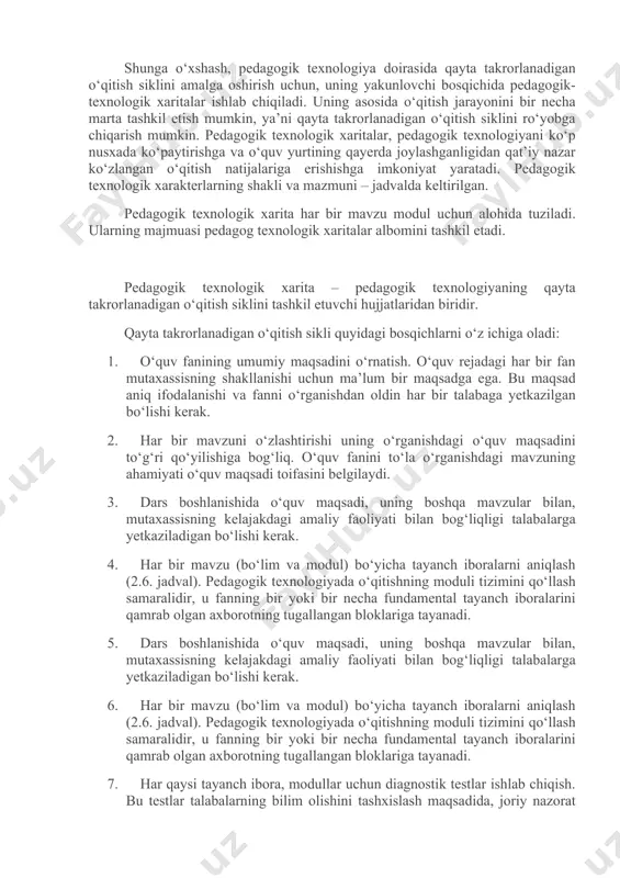 rkibiy qismi esa texnologik xaritalar hisoblanadi. texnologik hujjatlar, qayta takrorlanadigan ishlab chiqarish siklining qancha mahsulot kerak bo‘lsa, uni shuncha marta amalga oshirish imkonini beradi. shunga o‘xshash, pedagogik texnologiya doirasida qayta takrorlanadigan o‘qitish siklini amalga oshirish uchun, uning yakunlovchi bosqichida pedagogik-texnologik xaritalar ishlab chiqiladi. uning asosida o‘qitish jarayonini bir necha marta tashkil etish mumkin, ya’ni qayta takrorlanadigan o‘qitish siklini ro‘yobga chiqarish mumkin. pedagogik texnologik xaritalar, pedagogik texnologiyani ko‘p nusxada ko‘paytirishga va o‘quv yurtining qayerda joylashganligidan qat’iy nazar ko‘zlangan o‘qitish natijalariga erishishga imkoniyat yaratadi. pedagogik texnologik xarakterlarning shakli va mazmuni – jadvalda keltirilgan. pedagogik texnologik xarita har bir mavzu modul uchun alohida tuziladi. ularning majmuasi pedagog texnologik xaritalar albomini tashkil etadi. pedagogik texnologik xarita – pedagogik texnologiyaning qayta takrorlanadigan o‘qitish siklini tashkil etuvchi hujjatlaridan biridir. qayta takrorlanadigan o‘qitish sikli quyidagi bosqichlarni o‘z ichiga oladi: 1. o‘quv fanining umumiy maqsadini o‘rnatish. o‘quv rejadagi har bir fan mutaxassisning shakllanishi uchun ma’lum bir maqsadga ega. …