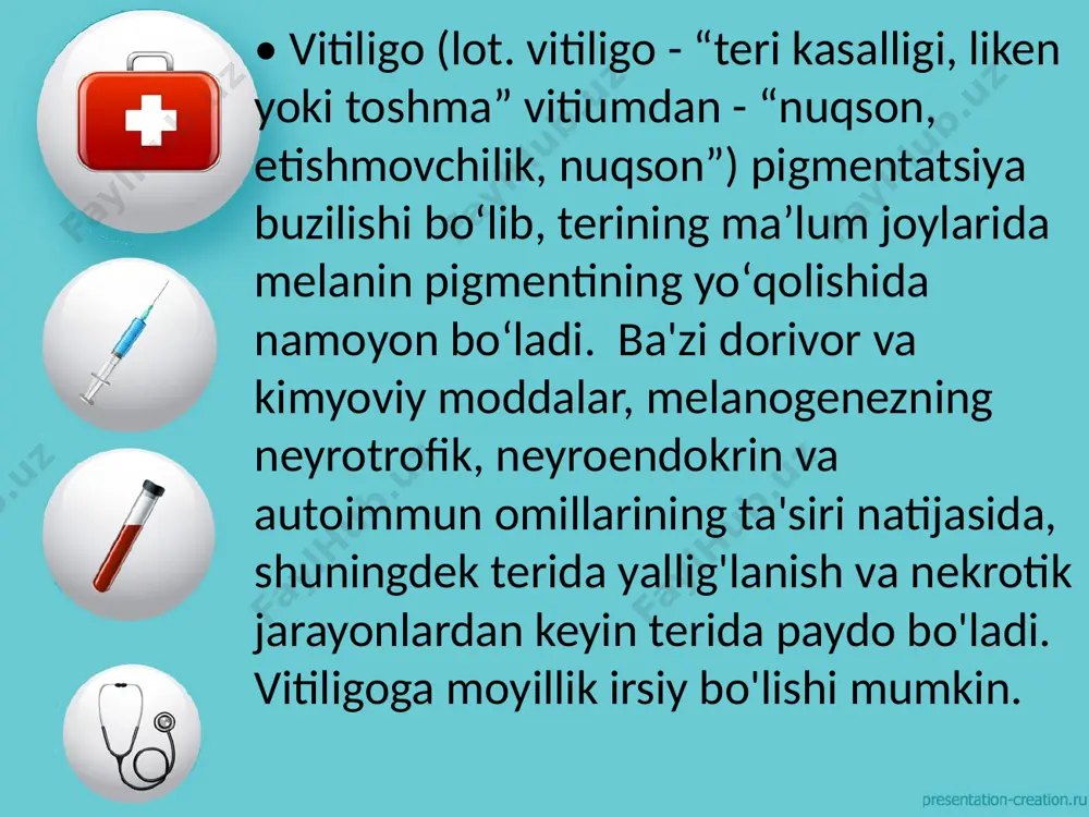 eningit, gemorragik isitma, optiko-xiazmal araxnoidit natijasida rivojlanuvchi araxnoidal kistalar); autoimmun kasalliklar (autoimmun tireoidit, shegrena kasalligi, limfotsitar adenogipofizit); periferik endokrin bezlarni birlamchi gipofunktsiyasi, davomli oral kontratseptik vositalarni qabul qilish birlamchi «bo'sh turk egari» sindromi rivojlanishiga olib keladi. ikkilamchi «bo'sh turk egari» sindromi ko'pincha xiazmal-sellyar sohadagi xirurgik aralshuvlar, nur bilan davolash yoki kombinirlangan davolashlardan keyin rivojlanishi mumkin. btes hech qanday klinik belgilarsiz (simptom btes) va btes gipotalamo-gipofizar va ko'rishni buzilishlari bilan kechishi mumkin. gipofiz o'lchamining kichrayishi har doim ham uning sekretor funktsiyasining buzilishlari bilan kechmaydi. gipopituitarizm gipofiz hajmining 70-75% qismi zararlanganda, pangipopituitarizm esa 90 % dan kam bo'lmagan gipofiz hajmi zararlanganda aniqlanadi. birlamchi «bo'sh turk egari» sindromida gipofiz funktsiyasi buzilmaydi. btes hamma belgilarini quyidagi guruhlarga ajratish mumkin 1 skn • vitiligo (lot. vitiligo - “teri kasalligi, liken yoki toshma” vitiumdan - “nuqson, etishmovchilik, nuqson”) pigmentatsiya buzilishi boʻlib, terining maʼlum joylarida melanin pigmentining yoʻqolishida namoyon boʻladi. ba'zi dorivor va kimyoviy moddalar, melanogenezning neyrotrofik, …