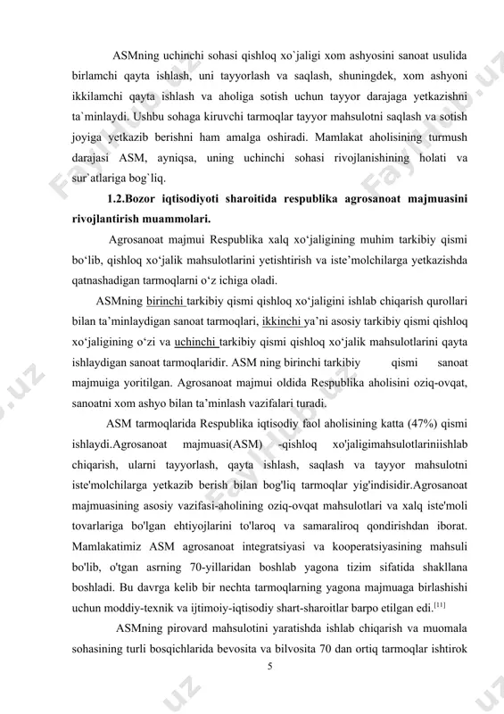 radi. ushbu jarayondaishtirok etayotgan tarmoqlar o'rtasidagi nisbat agrosanoat majmuasining tarmoq tarkibini tashkil etadi. asm 3 ta sohanio'z ichiga qamrab oladi.birinchi sohasanoatning agrosanoat majmuasini ishlab chiqarish vositalari bilan ta'minlovchi, shuningdek, qishloq xo'jaligiga ishlab chiqarish va texnik xizmat ko'rsatuvchi tarmoqlardan iborat. bu sohaga asm uchun mashina, traktor, kombayn, stanoklar, ishchi mashinalar, qishloq xo'jaligi texnikalari uchun ehtiyot qismlar, yoqilg'i-moylash materiallari yetkazib beruvchi, mineral o'g'it va ximikatlar, qishloq xo'jaligi zararkunandalariga qarshi vositalar ishlab chiqaruvchi, chorvachilik uchun omixta yem ishlab chiqaruvchi korxonalar, qishloq xo'jaligi ekinlari va chorva mollari uchun dori-darmon ishlab chiqaruvchi ixtisoslashgan korxonalar va boshqalar kiradi. [12] asmning birinchi sohasiga kiruvchi tarmoqlar ishlab chiqarish jarayonini resurslar bilan ta'minlash, qishloq xo'jaligini sanoatlashtirish va qayta ishlash sanoatida texnika taraqqiyoti uchun asos yaratish, majmuaning barcha bo'g'inlarini samarali faoliyat ko'rsatishi uchun shart-sharoit barpo etishga imkon yaratadi. qishloq xo'jaligi mahsulotlari va umuman pirovard mahsulot ishlab chiqarishning bir maromda kechishi, uzluksizligi va ommaviyligi ushbu tarmoqlar faoliyatiga bog'liq. ikkinchi sohagabevosita qishloq …
