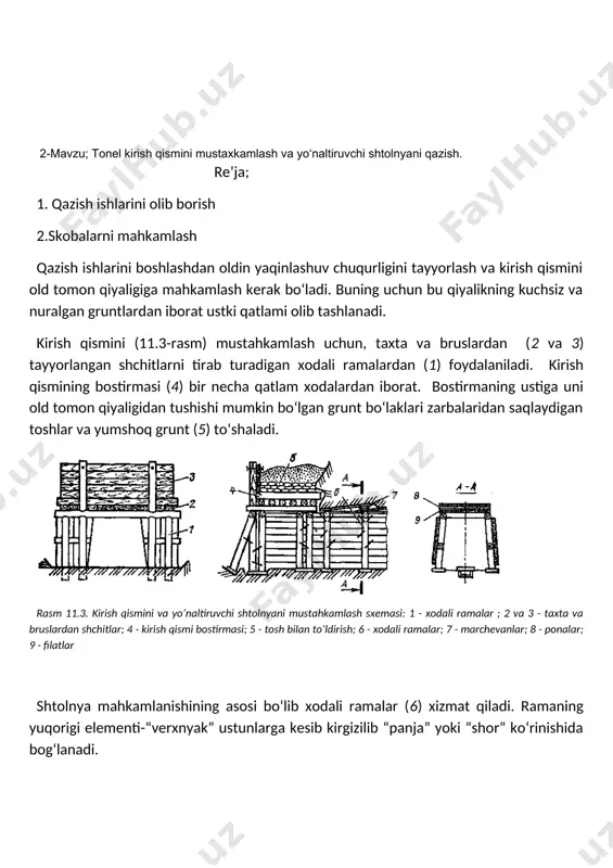 ash sxemasi: 1 - xodali ramalar ; 2 va 3 - taxta va bruslardan shchitlar; 4 - kirish qismi bostirmasi; 5 - tosh bilan to‘ldirish; 6 - xodali ramalar; 7 - marchevanlar; 8 - ponalar; 9 - filatlar shtolnya mahkamlanishining asosi bo‘lib xodali ramalar (6) xizmat qiladi. ramaning yuqorigi elementi-“verxnyak” ustunlarga kesib kirgizilib “panja” yoki “shor” ko‘rinishida bog‘lanadi. xodalar o‘zaro skobalar bilan mahkamlanadi. shtolnya ramasi taxtalardan iborat bostirma (7) - marchevanni tirab turadi. marchevanning oldingi uchlari ponalar (8) orqali siqilib ko‘ndalang taxta (9) ga tayanadi. kuchsiz gruntlarda filatlar ustiga joylashtirilgan marchevanlar grunt massiviga qoqiladi va ularning panasida grunt qazib chiqariladi. bir marta qo‘yilgan marchevanlar gruntga tamoman botganda, ularning oldingi uchlariga yangi shtolnya ramasining “verxnyak”i keltiriladi va ishlar sikli navbatdagi kirish uchun yangidan qaytariladi. qoyali gruntlarda qisqa paytga bo‘lsa ham bostirmani mustahkamlovchi elementlarsiz qoldirish mumkin bo‘lganda, taxtalar qoqib kirgizilmasdan har bir kirishda gruntni yoki uning bir qismini olib bo‘shliq ochilgandan so‘ng …