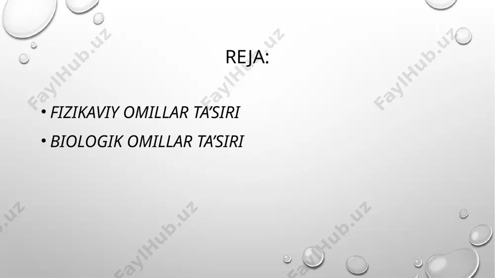 gidan tashqi muhit bilan normal modda almashinuv to’xtaydi. biroq, eritmadagi tuzlarning yuqori konsentratsiyasi mikroorganizmlarni tez nobud qilmaydi. temperaturaga bog’liqlik, odatda, uchta kardinal nuqta bilan: minimum, optimum va maksimum bilan ifodalanadi. minimaldan past temperaturada mazkur organizm yashay olmaydi, optimal temperaturada organizm juda tez rivojlanadi; maksimal temperaturada esa mikroorganizmlarning hayot faoliyati tugaydi. bu kardinal nuqtalar turli xil mikroorganizmlar uchun har xildir. optimal temperaturaga munosabatiga ko’ra, barcha mikroorganizmlar uch gruppaga bo’linadi. birinchi gruppaning temperatura optimumi 20° ga yaqin bo’ladi. bular psixrofil mikroorganizmlardir. bularga asosan shimoliy dengizlarda va shimol tuproqlarida yashaydigan mikroorganizmlar kiradi. bu mikroorganizmlar 0° dan + 25 — 30° gacha bo’lgan temperatura sharoitida rivojlana oladi, ba’zan ular noldan past temperaturada ham juda sekinlik bilan o’sadi. ikkinchi gruppaning temperatura optimimumi 20 — 35° bo’ladi. bu gruppa mikroorganizmlar uchun temperatura 3° dan to 45 — 50° atrofida o’zgarib turadi. bular mezofil mikroorganizmlar deb atalib, ko’pchiligi hamma joyda tarqalgan bakteriya va zamburug’lardir. termofillar (termos - …