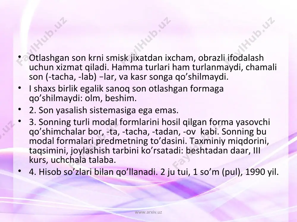 ww.arxiv.uz sonning tuzilish jihatdan turlari. sonlar tuzilishiga ko’ra 3 xil: 1. sodda sonlar; bir, ming, ellik. 2. murakkab sonlar: bir ming to’qqiz yuz ellik. 3. juft sonlar: besh-olti, o’ttiz-qirq, ming-ming. www.arxiv.uz www.arxiv.uz