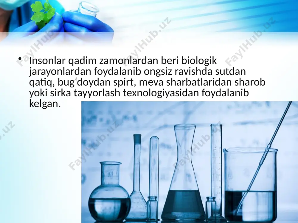 higa keng imkoniyatlar ochib berdi. «asos» hujayralar shunday hujayralarki, ular embrional hujayralarga o‘xshagan, hali u qadar takomillashmagan hujayralar to‘plamidan iborat bo‘lib, sun’iy muhitda o‘sish va har qanday to‘qimagacha rivojlanish qobiliyatiga ega. endigi vazifa olingan to‘qimalardan foydalanib, faoliyati va shakli bo‘yicha tabiiy organlarga o‘xshash bo‘lgan «yangi» tana a’zolarini yaratishdir. aminmizki, hozirgi o‘quvchilar biotexnologiyaning barcha yo‘nalishlari qatorida bu yo‘nalishni ham rivojlantirishda ishtirok etadilar va ona vatanimizning dunyo fanida tutgan o‘rnini yuksak rivojlangan mamlakatlar darajasiga ko‘tara oladilar. image2.jpeg image3.jpeg image4.jpeg image5.jpeg image6.jpeg image7.jpeg image8.jpeg image9.jpeg image10.jpeg image11.jpeg image12.png image13.jpeg image14.jpeg image1.jpeg