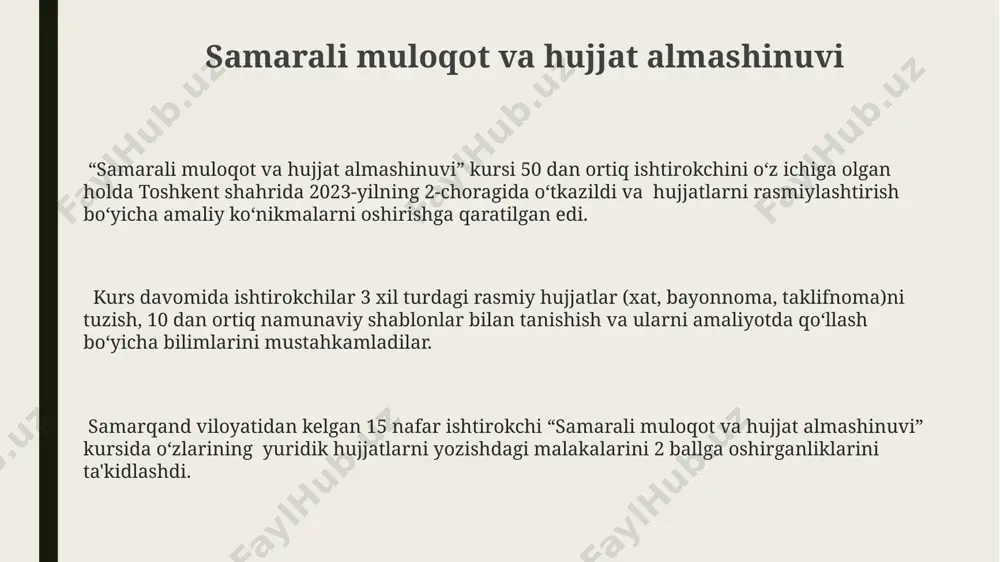 sh (masalan, “iqtisodiyot” jurnali, 2023, 5-son) shart. ma'lumotlarni aniq va tizimli bayon etish ma’lumotlarni taqdim etishda aniqlik uchun 3 dan ortiq raqamli ko’rsatkichlar, xususan, 2023-yil statistikasi va toshkent shahri bo’yicha ma’lumotlardan foydalanish tavsiya etiladi. hujjatda keltirilgan har bir fakt yoki raqam (masalan, 15% o’sish, 1000 ta mahsulot) manba ko’rsatilishi va aniq sanalar (2022-yil 1-iyul) bilan tasdiqlanishi shart. rasmiy hujjatlarda ma’lumotlarni mantiqiy ketma-ketlikda, 5ta asosiy bo’limga bo’lib, har bir bo’limga tegishli raqamlar va samarqand viloyati misollari bilan taqdim etish kerak. e'tiboringiz uchun rahmat @taqdimot_robot