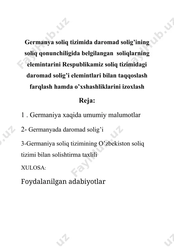 iritildi. birinchi jahon urushi natijasida vujudga kelgan katta moliyaviy qiyinchiliklar soliqqa tortish tizimining markazlashuvini talab qildi. natijada veymar respublikasida yagona moliyaviy boshqarma to‘zildi. ikkinchi jahon urushidan so‘ng germaniyada soliqqa tortish tizimi federatsiyalar, yerlar va mahalliy soliqlarga bo‘linadi. byudjet xo‘jaligini mustaqil yuritish tamoyillari umumdavlat va yerlarning manfaatlarni ko‘zlagan holda olib borildi. natijada hozirgi kun germaniya respublikasi soliq tizimida 40 soliq mavjud: � ish haqidan olgan daromad solig‘i; � qqs; � kosibchilik solig‘i; � qat’iy daromad solig‘i; � korporatsiyalar solig‘i; � tabiiy neftga soliq; � tamaki mahsulotlarga soliq; � cherkov solig‘i; � yer solig‘i; � avtotransport vositalariga soliq; � bojxona boji; � yer maydonini sotib olishdan olgan soliq; � meros solig‘i; � kofe; � pivo; veksel; � g‘ng‘in xavfsizligini ta’minlash solig‘i; � kuchuklar; � shakarga; � choyga; � to‘z; � g‘ritg‘ich asboblarini muhofaza qilish solig‘i; � ovchilik, baliq tutish solig‘i; � litsenziya solig‘i; germaniyada soliqlar federatsiya, yer, qo‘shma (federal va yerlar bilan …